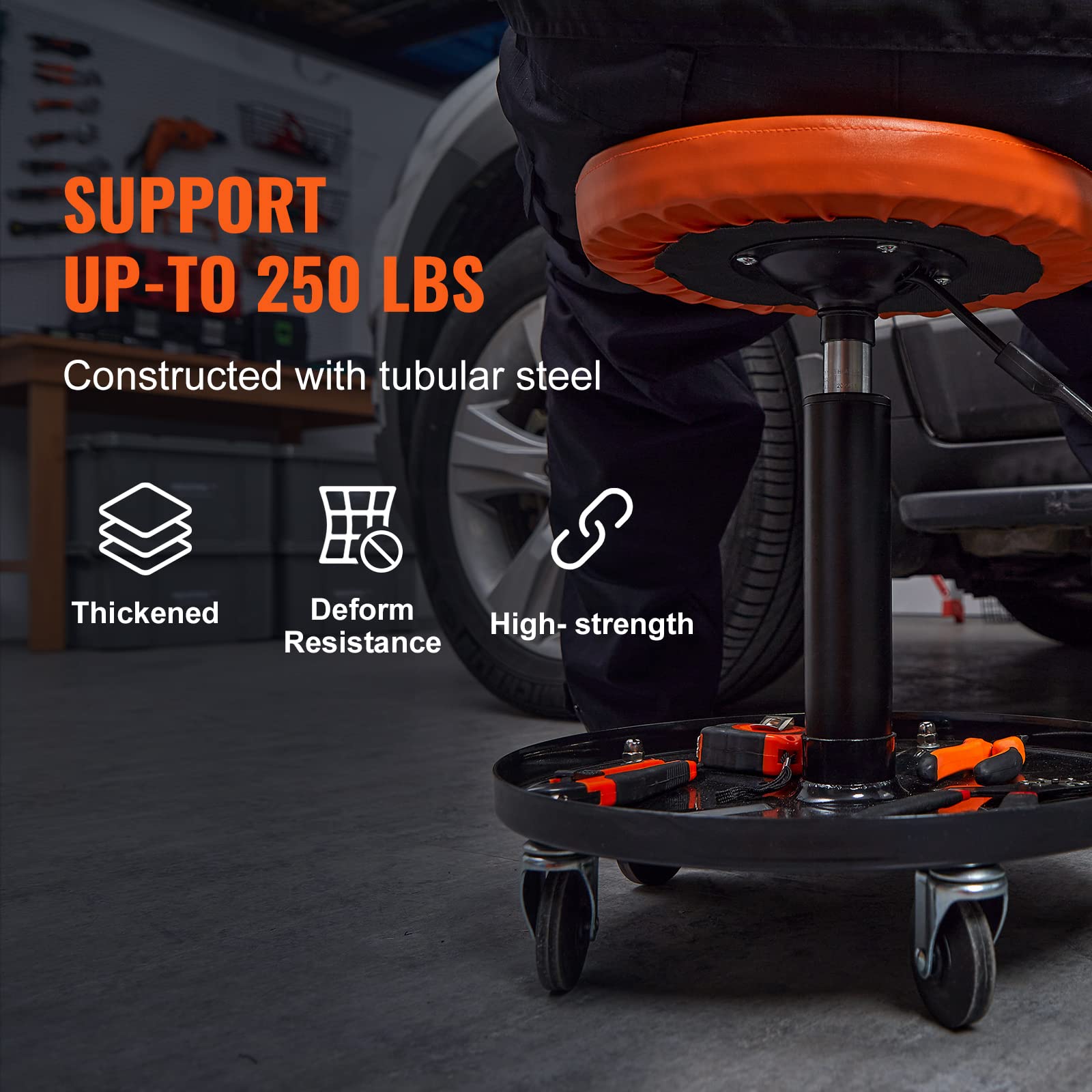 Vevor Mechanic Stool, 250 Lbs Rolling Pneumatic Creeper Garage/Shop Seat, Adjustable Height 16-22 Inch In Padded Rolling Worksho