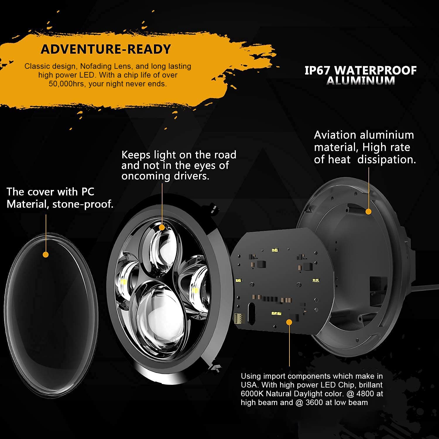Sunpie Motorcycle 7 Inch Head Light Black Compatible With H_Arley Road King, Compatible With Road/Electra/Street Glide With 4-1/