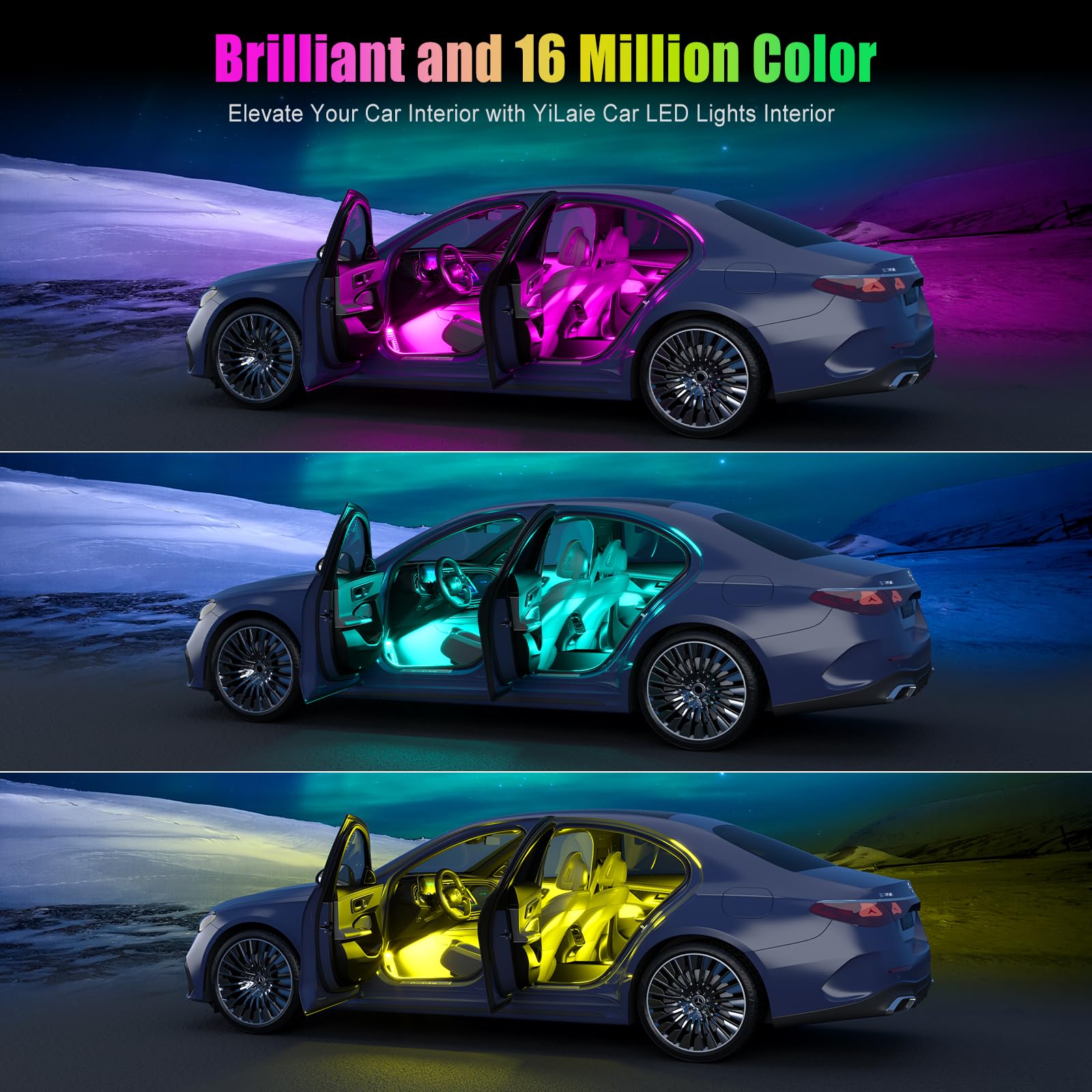 Yilaie Car Lights Interior, Rgb Car Strip Light Under Dash Lighting Kit With App Control And Music Sync, Multicolor Neon Interio