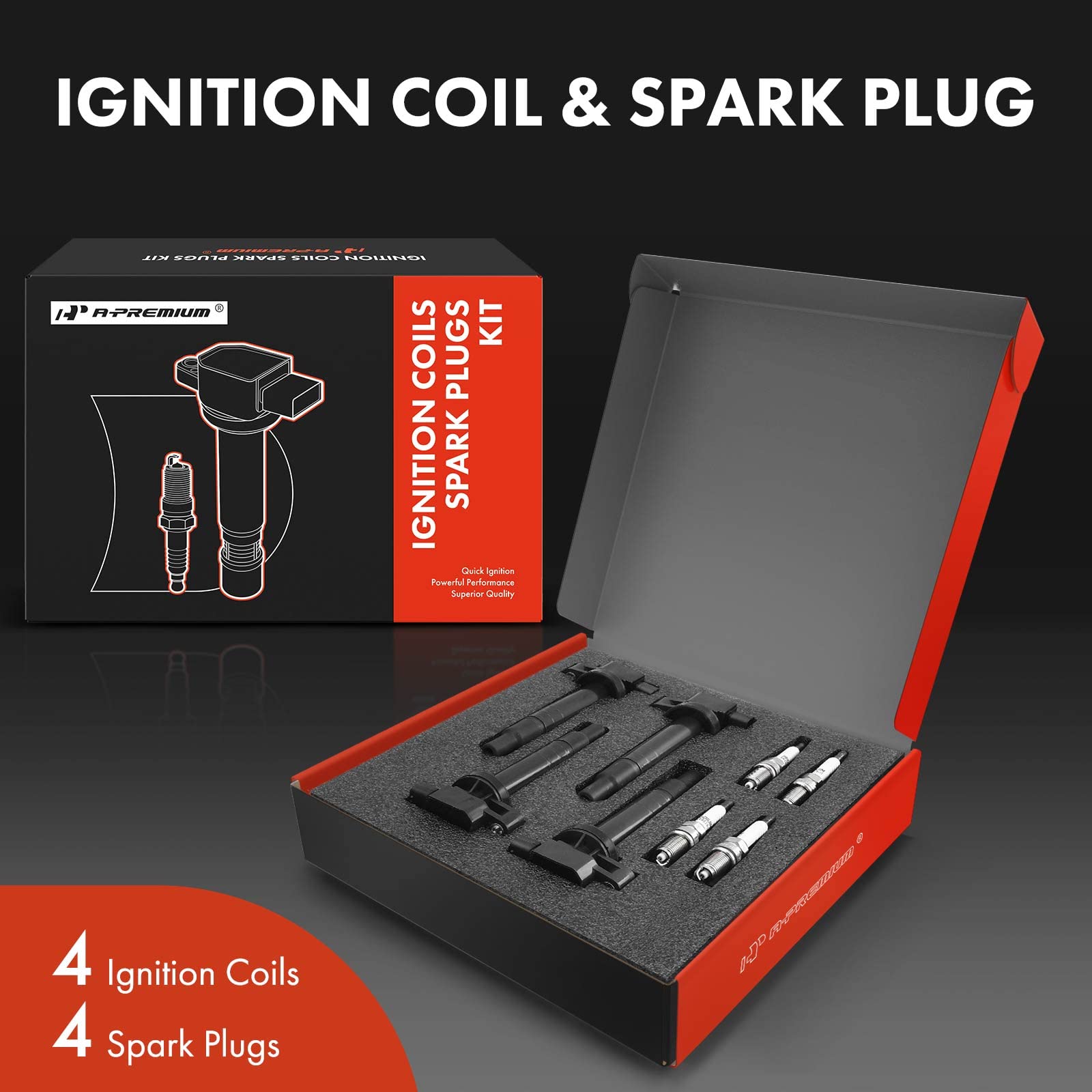 A-Premium Set Of 4 Ignition Coil Pack And Iridium Spark Plugs Compatible With Toyota Prius 2001-2009, Yaris 2006-2018, Echo 2000