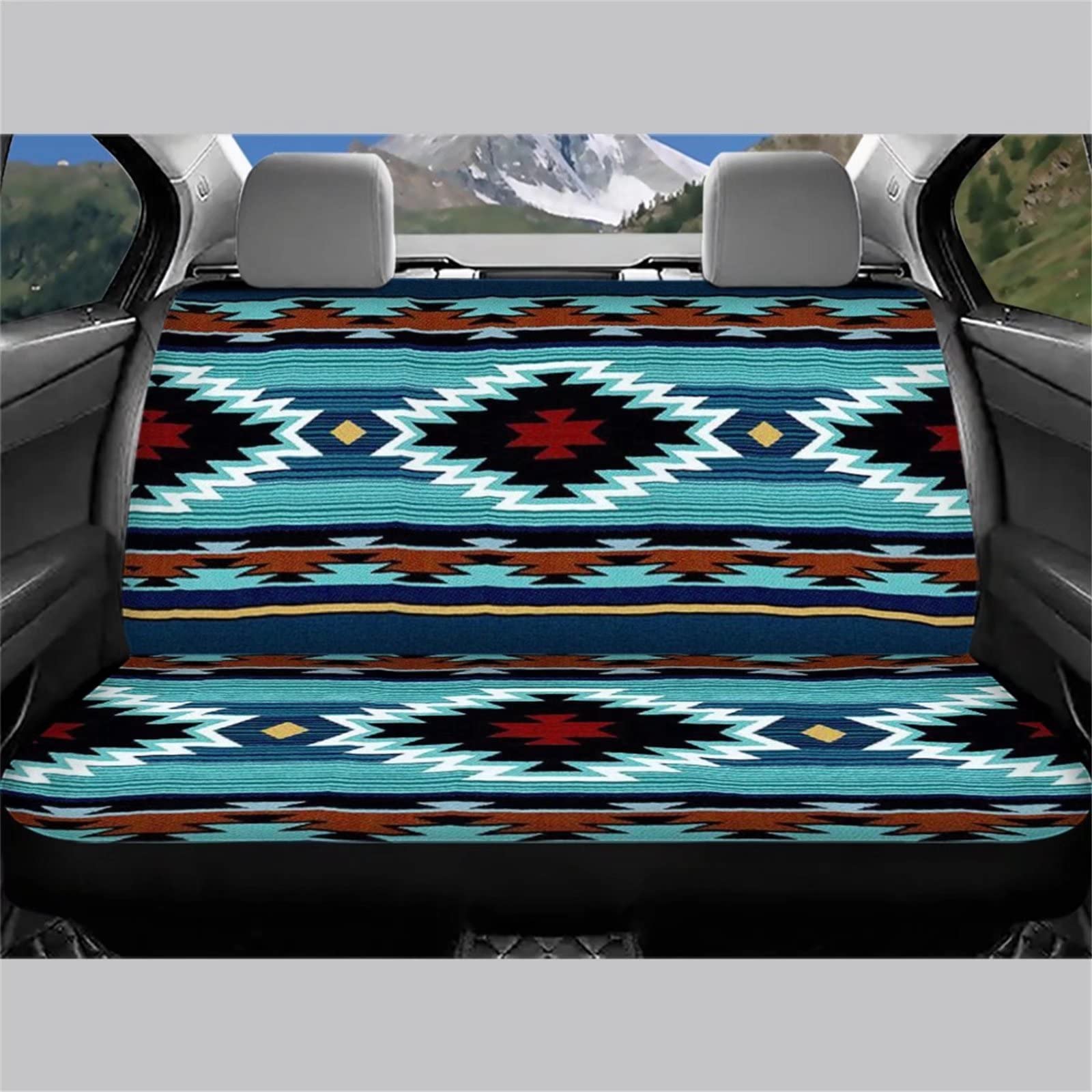 WELLFLYHOM Aztec Print Rear Split Bench Seat Cover Set for Cars, Trucks, SUVs - Tribal Turquoise, Fabric, Model F7, Set of 2