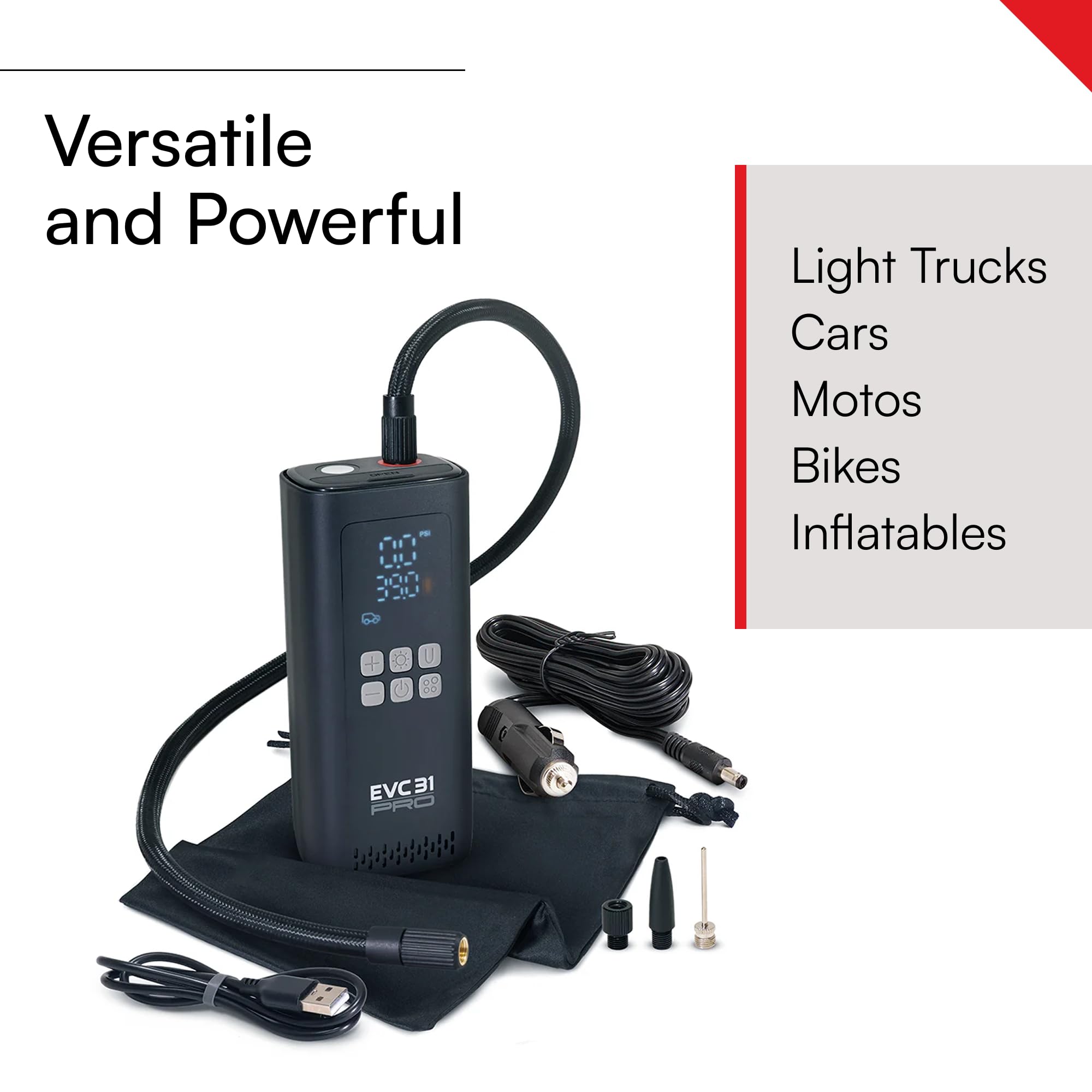 VIAIR EVC31 PRO Portable Air Compressor - Rechargeable, Dual Power, LED Gauge - Black/Gray, Ideal for SUVs, Trucks, Cars, Motorcycles, E-bikes