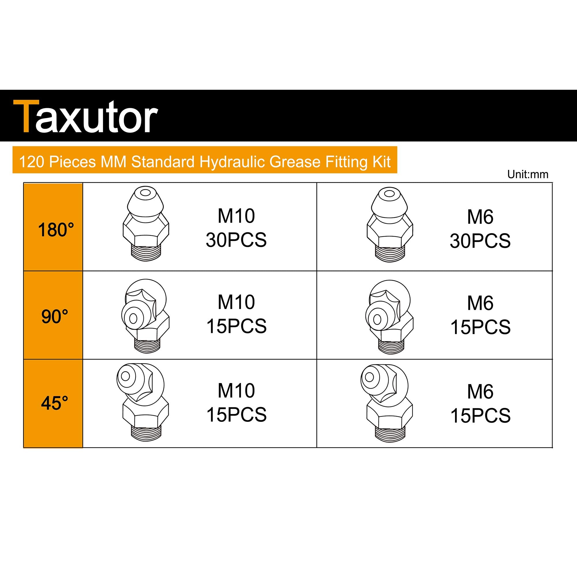 Taxutor Grease Fittings, 120 Pieces Metric Mm Grease Fitting Assortment Kit Standard Grease Gun Fittings Perfect For Replacing M
