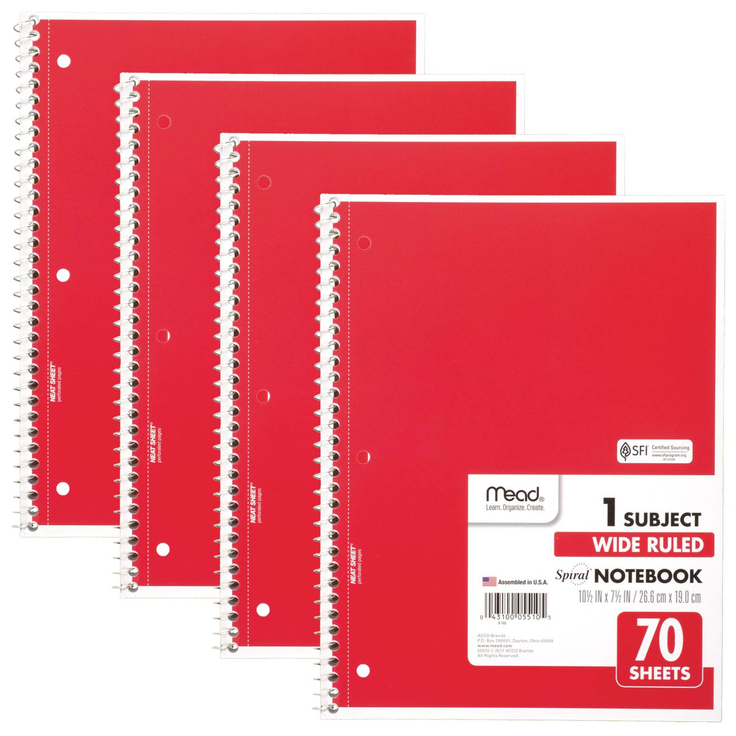 Mead Spiral Notebooks, 4 Pack, 1-Subject, Wide Ruled Paper, 10-1/2'' X 7-1/2'', 70 Sheets Per Notebook, Red (38112)
