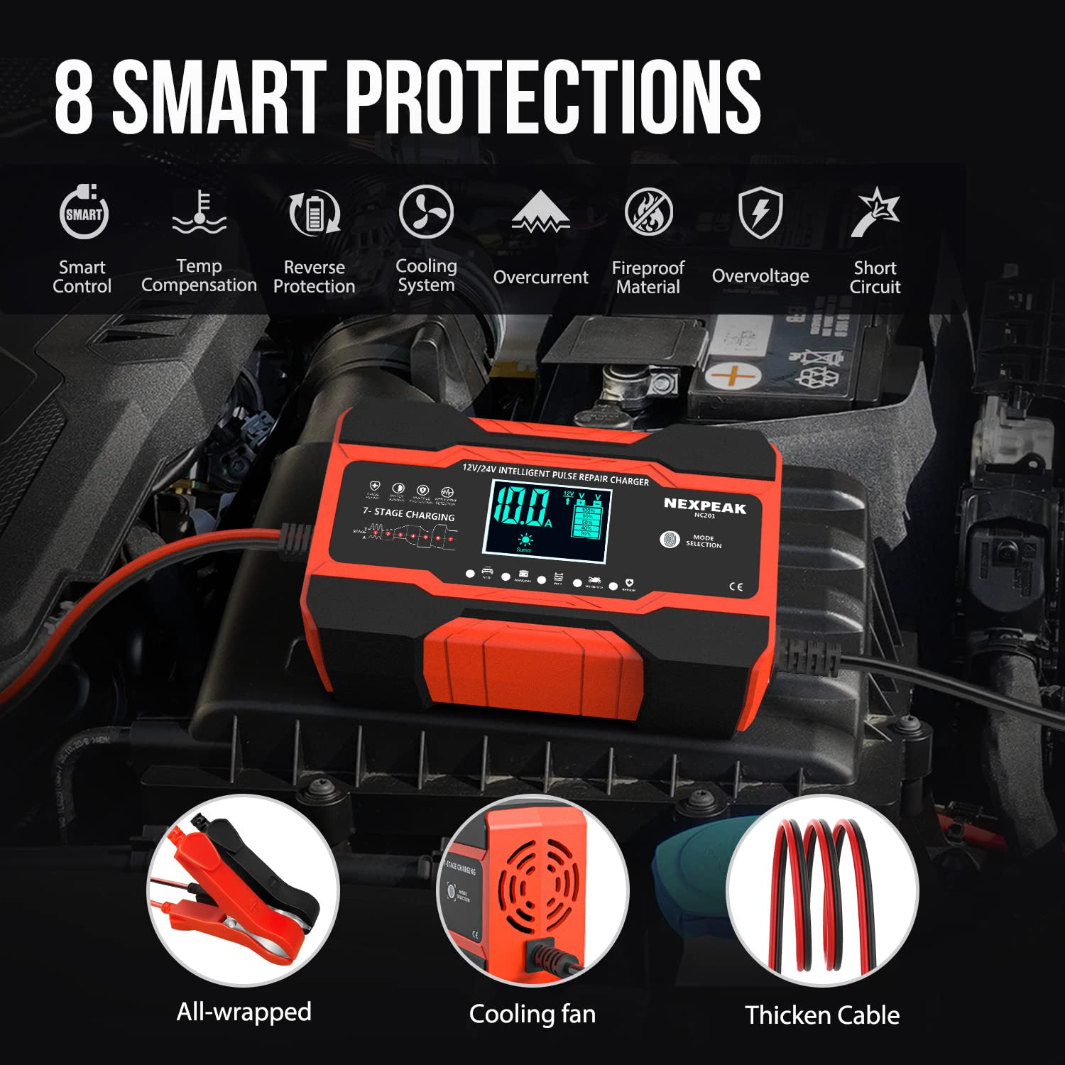 NEXPEAK NC201 10-Amp Smart Trickle Car Battery Charger 12V/24V Fully Automatic Maintainer w/Temp Compensation