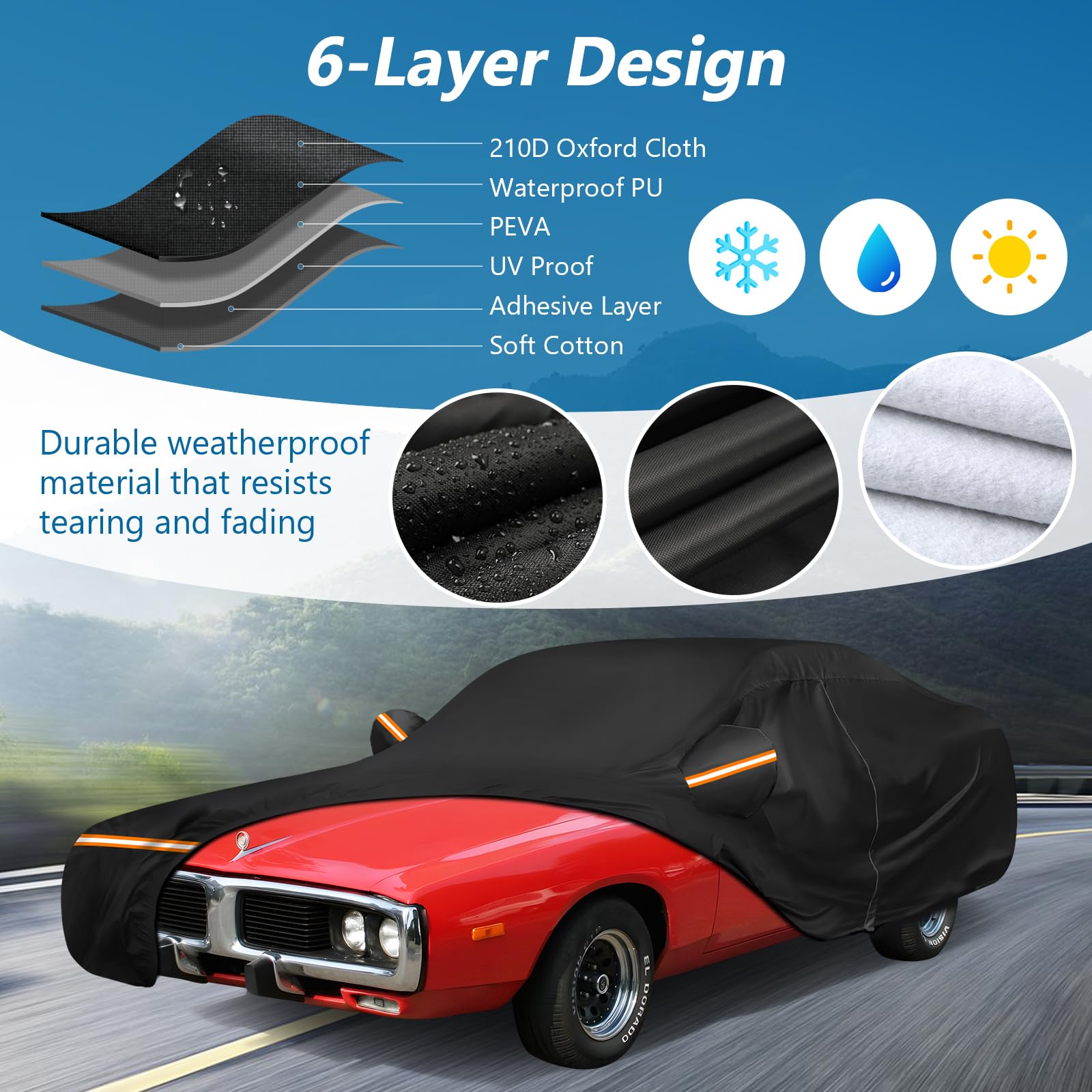 BIGACOVER Car Cover for Dodge Charger 1968-1974, Waterproof Heavy Duty 210D Oxford Cloth, Black, All Weather Protection