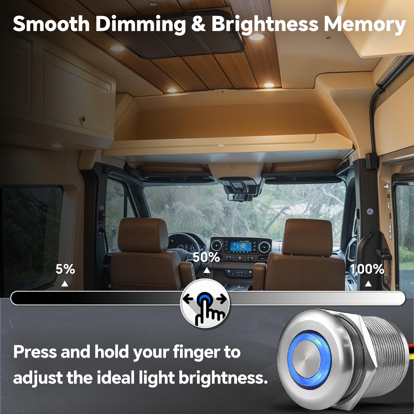 acegoo 12V PWM Dimmer Switch, Stainless Steel Push Button, Model ACE-DS-6A-S, Recessed Mount, 6A Capacity for RV/Boat Lighting