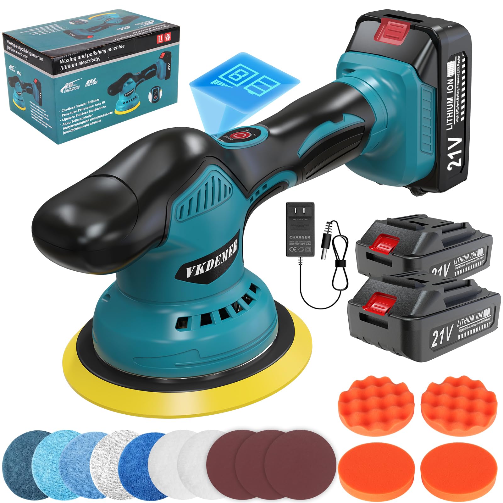 Vkdemer Cordless Car Buffer Polisher, 6 In Mini Buffer Polisher Kit with 2 Pack 21V Rechargeable Batteries,8 Variable Speed 5500