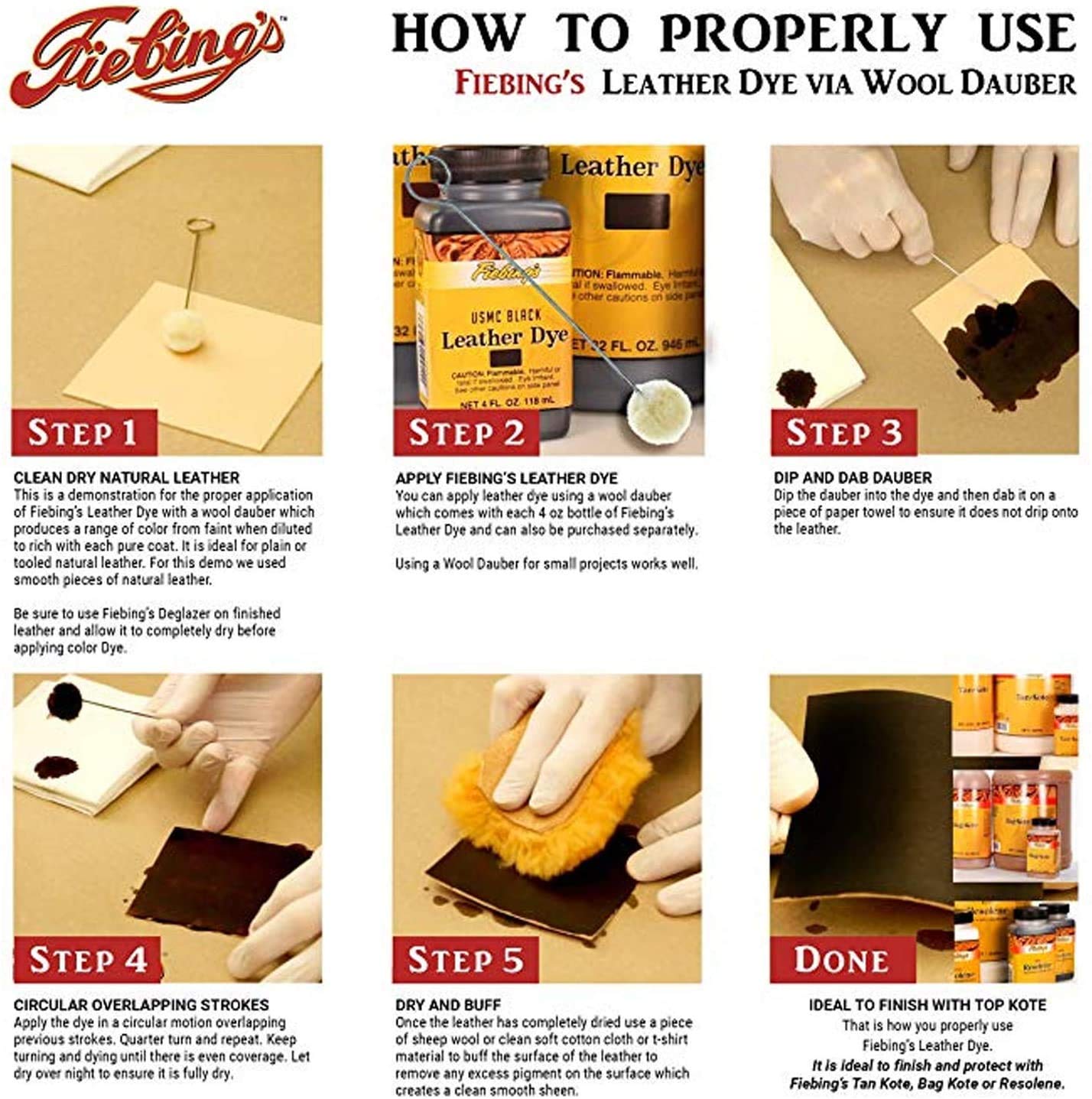 Fiebing's Leather Dye 4oz Tan - alcohol based penetrating & permanent leather dye