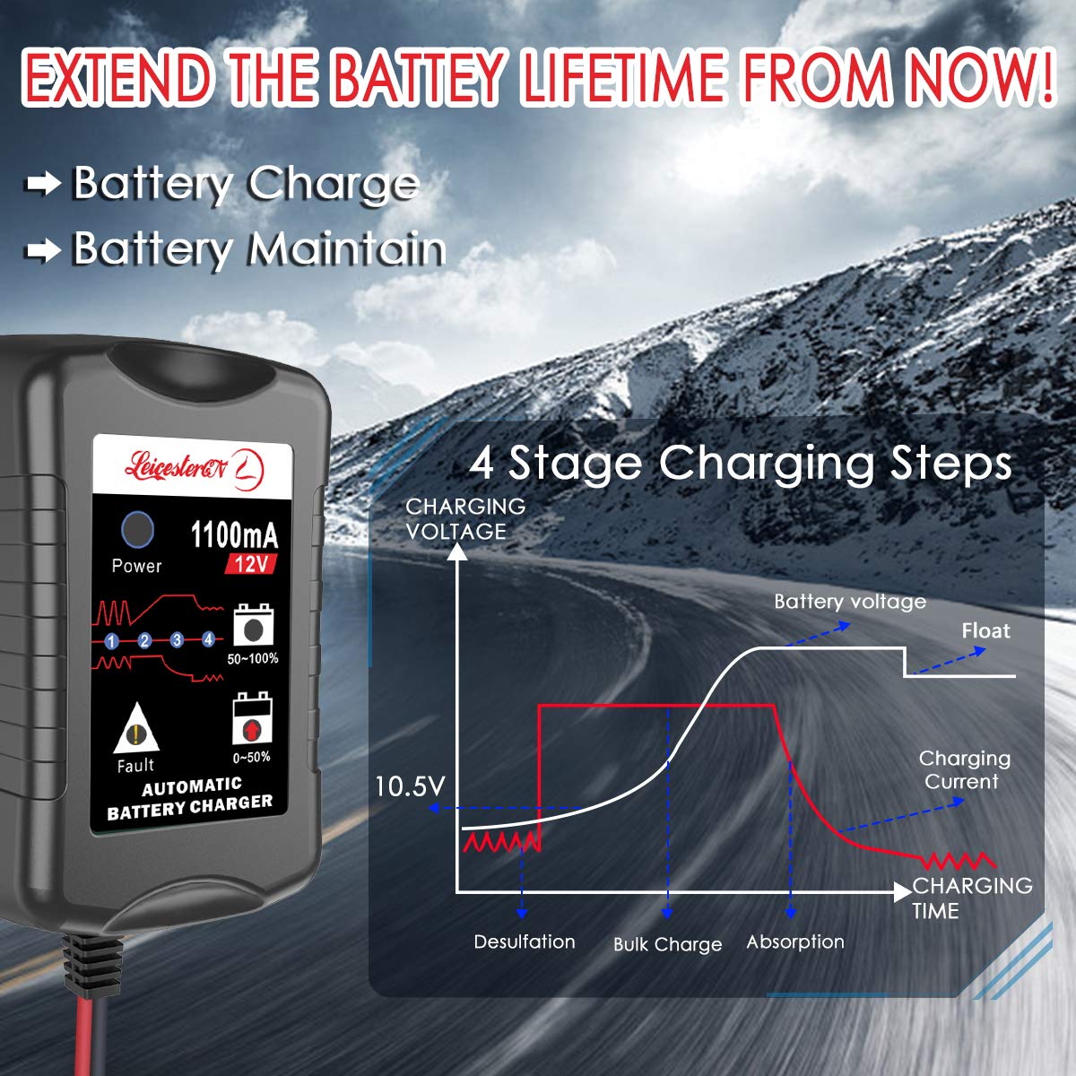 LEICESTERCN 12V Battery Trickle Charger Maintainer - 2-Pack, Smart Float Charger for Car, Motorcycle, Lawn Mower, Model LST-US-BC03