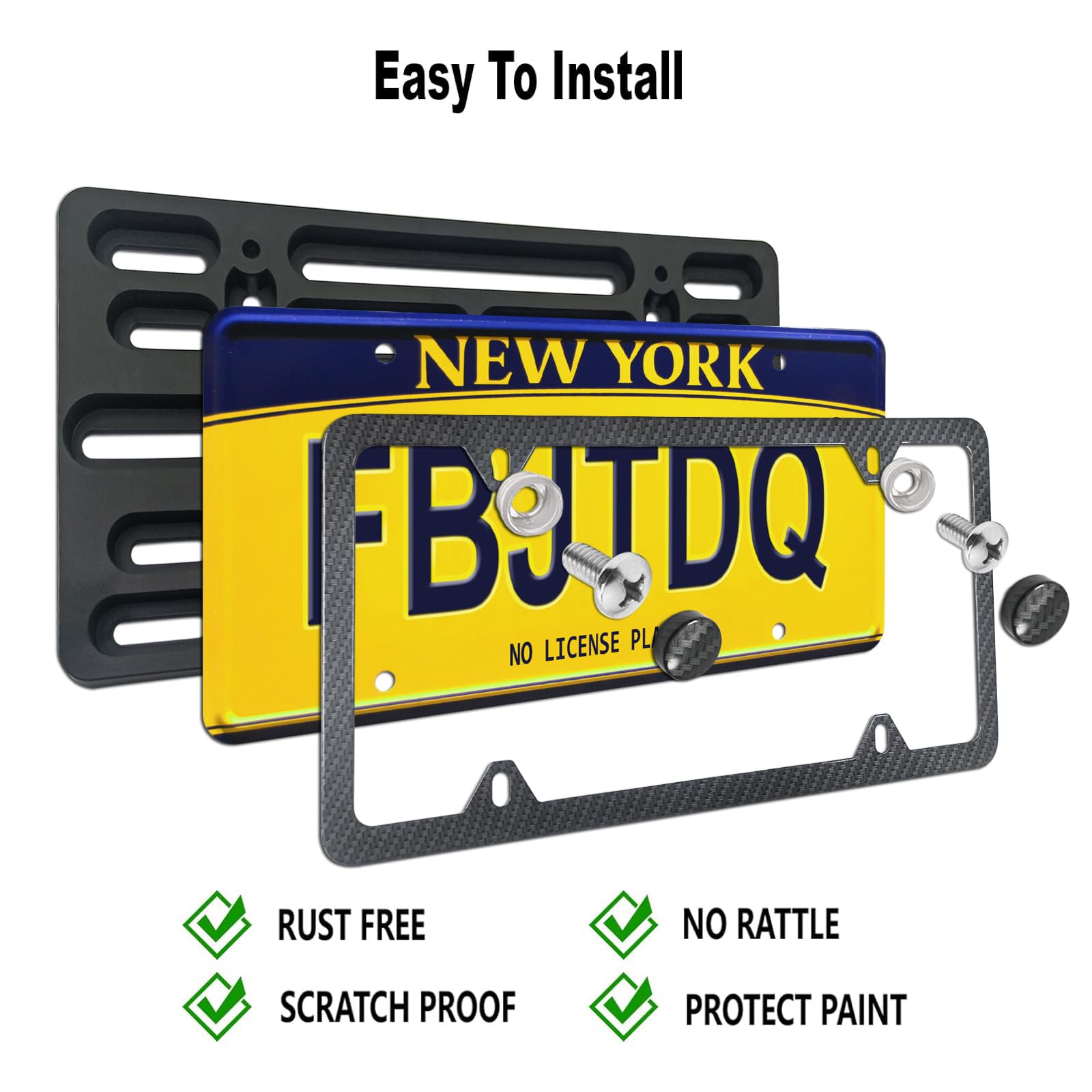 Fbjtdq Front License Plate Mounting Kit- Carbon Fiber License Plate Frame And Universal Bracket For 2 Hole Front Bumper, Black A