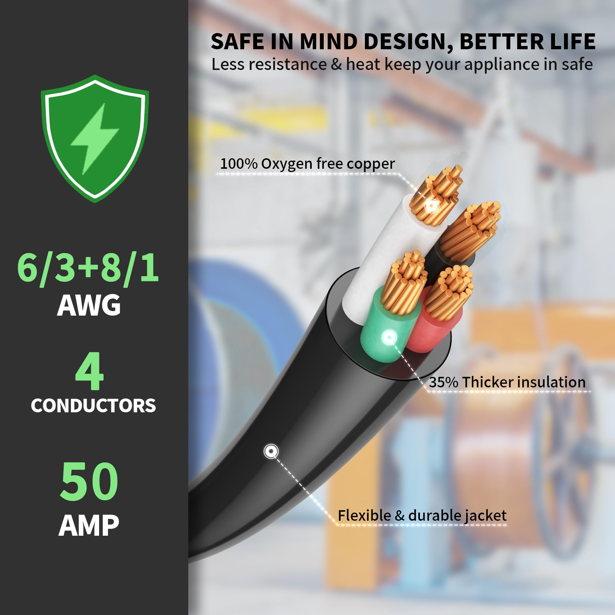 Powgrn 50 Amp Rv/Ev Extension Cord 100 Ft Outdoor With Grip Handle, Flexible Heavy Duty 6/3+8/1 Gauge Stw 4 Prong Rv Power Cord