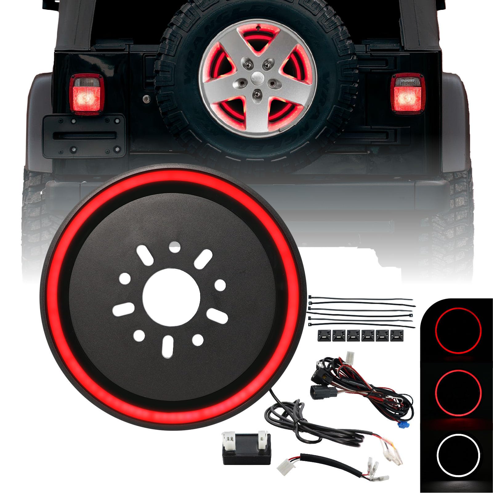 Usr 97-06 Tj Wrangler Spare Tire 3Rd Third Brake Light Switchback Red/White Led Halo Ring Bar Tail Wheel Light Compatible With 1