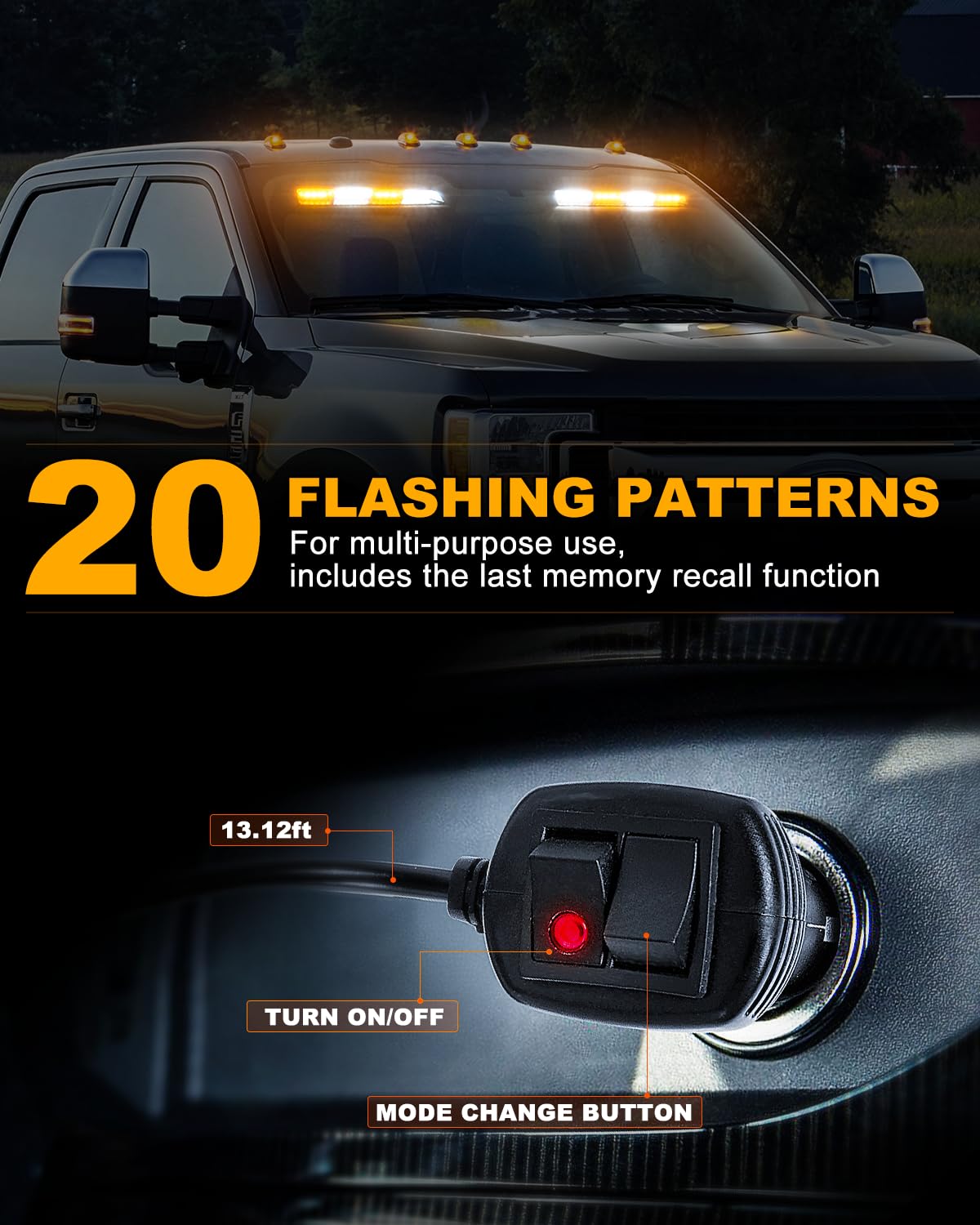 HLauto Emergency Dash Strobe Lights - 2x16.8" Amber/White LED Safety Light Bars, Model CA-6Z4J, ABS Case, for Trucks & Construction Vehicles