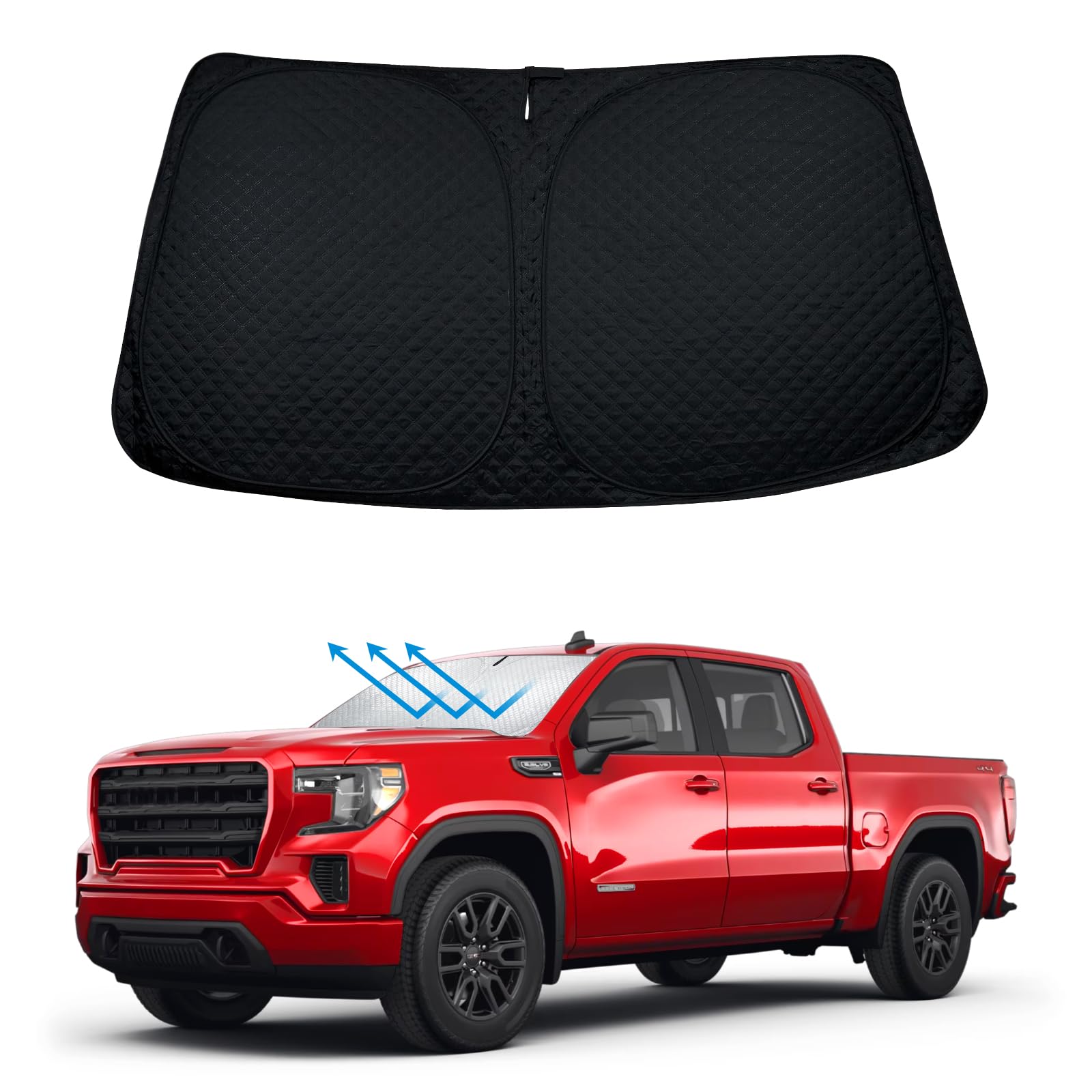 BESTVIEW Windshield Sun Shade Compatible with GMC Sierra 1500 2500 3500 2019 2020 2021 2022 2023, Foldable Reflective Sun Visor 