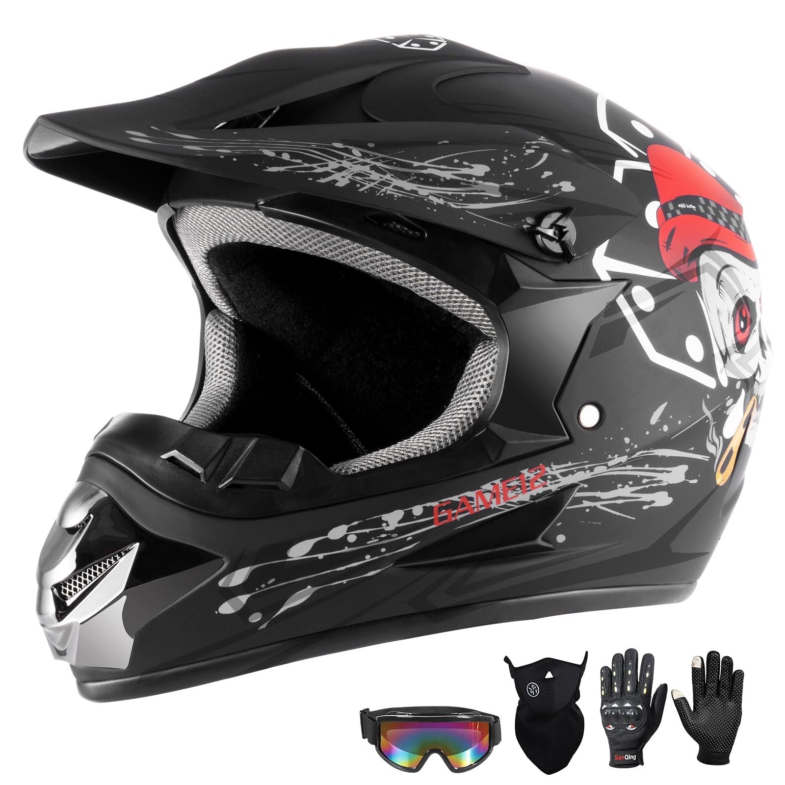 Youth Kids Dirt Bike Motocross Helmet (Goggles Gloves Face Mask) 4PCS Set, DOT Approved Full Face Motorcycle Helmets,ATV BMX MX 