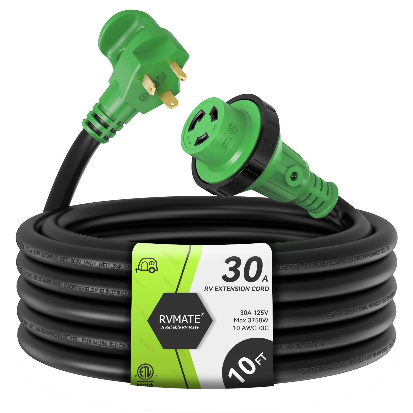 Rvmate 10 Feet 30 Amp Rv Lockable Power Extension Cord With Easy Plug-In Handle, Tt-30P To L5-30R, Led Indicator, 10 Awg, Etl Li