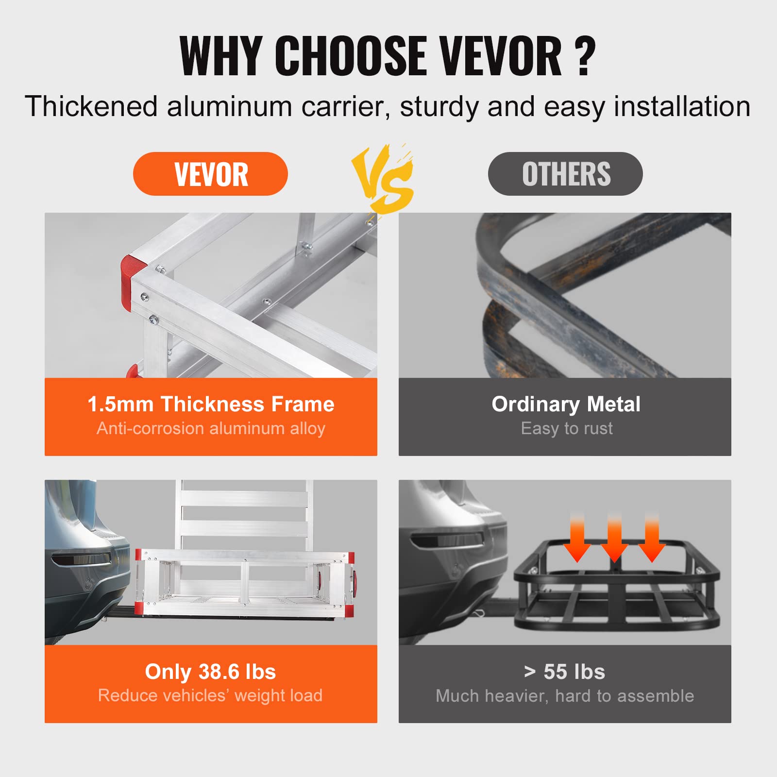 Vevor 50 X 29.5 X 8.7 In Hitch Cargo Carrier, 500Lb Capacity Trailer Hitch Mount Aluminum Cargo Basket With Folding Ramp, Luggage Carrier Rack Fits 2' Hitch Receiver For Suv Truck Pickup Camping