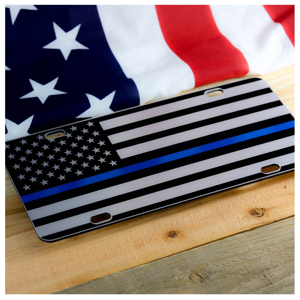 Jass Graphix Thin Blue Line American Flag License Plate Matte Black On 1/8'' Brushed Aluminum Composite Heavy Duty Tactical Patr