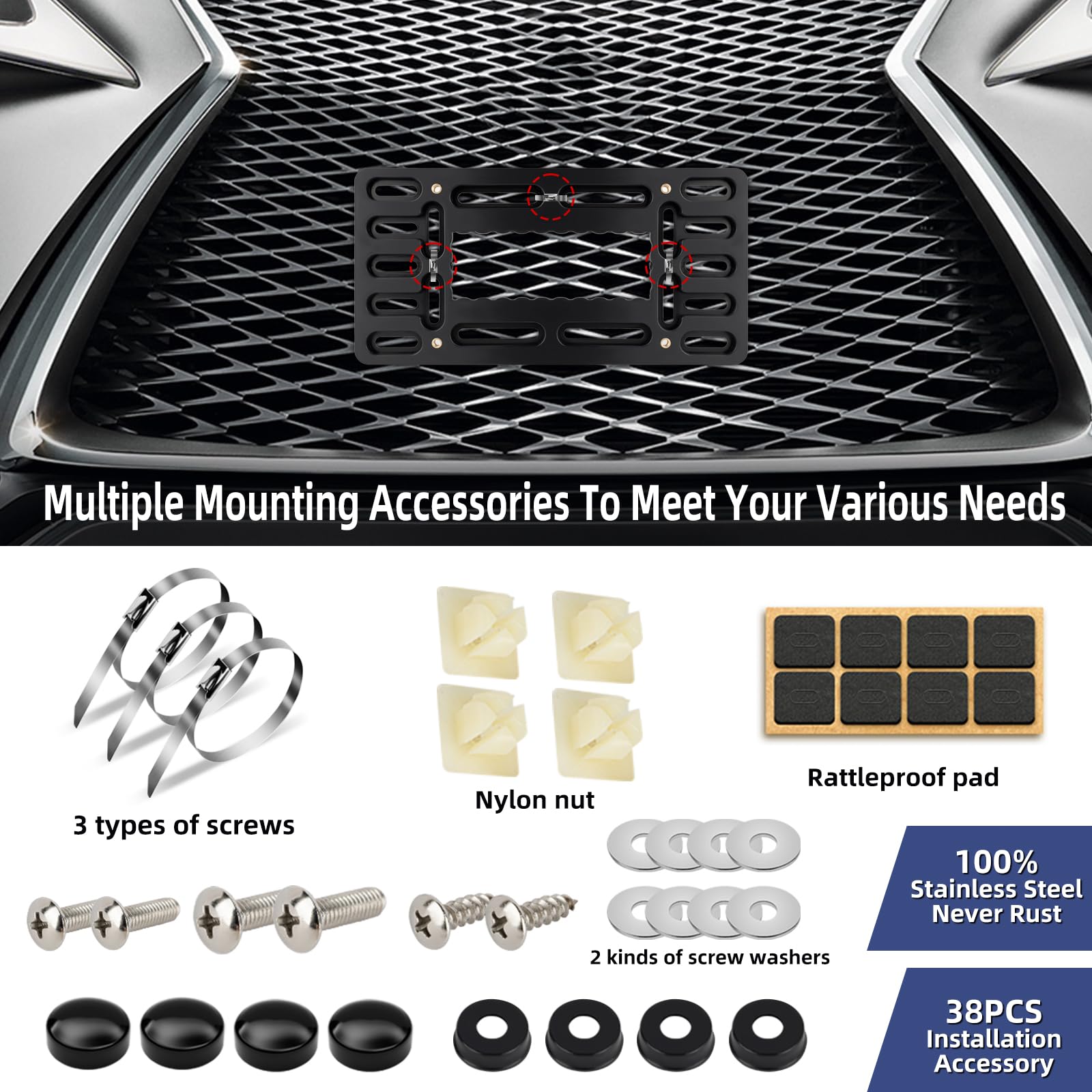 Ewbn License Plate Bracket Holder,Car Front License Plate Mounting Kit,Universal Bumper Tag Frame 2 Drill Holes Mount Adapter Wi