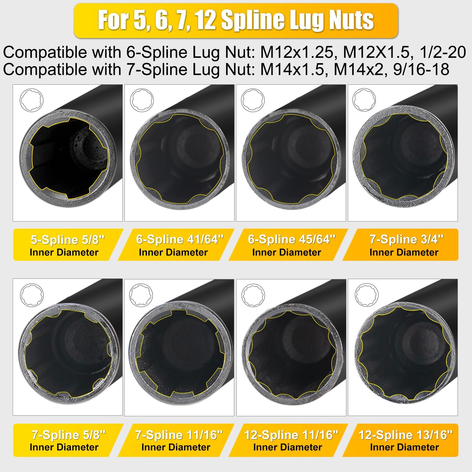 Topec 16-Piece Locking Lug Nut Key Set, CR-MO Steel, Black Oxide, 5, 6, 7, 12 Spline Socket, Star & Internal Hex