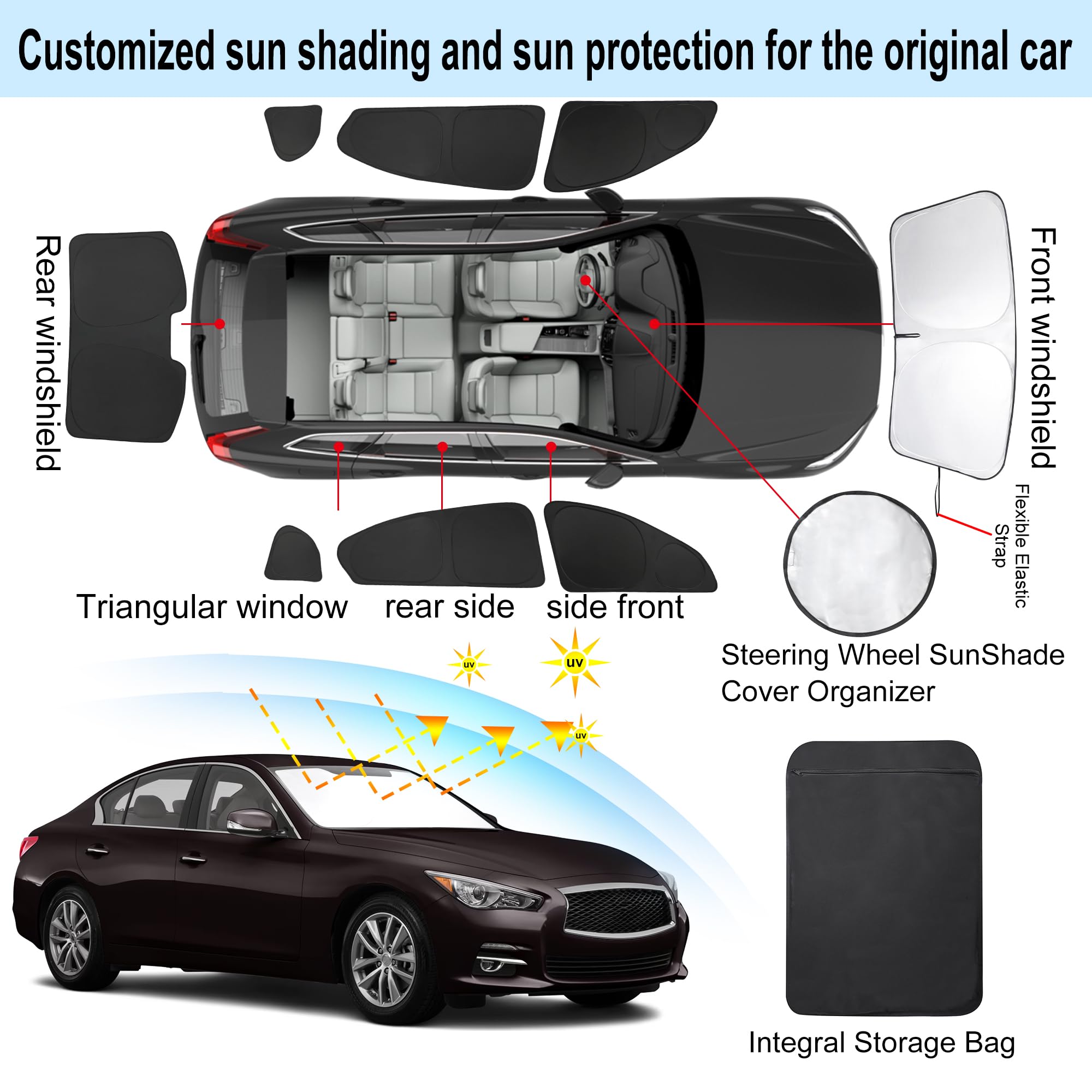 YYCKE 8PCS Window Shades for Infiniti Q50 2014-2024, Black/Silver, UV Protection, Polyester, Rear Triangular Windshield Sun Shade