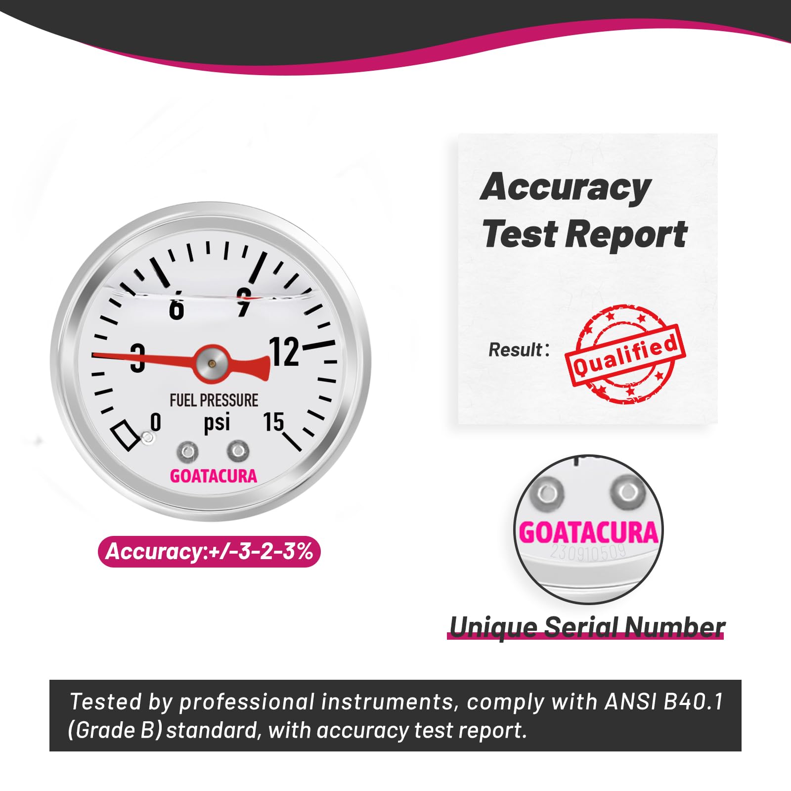 Goatacura 0-15Psi Glycerin Filled Fuel Pressure Gauge, 1-1/2'' Dial Size, 304 Stainless Steel Case, 1/8'' Npt Center Back Mount,