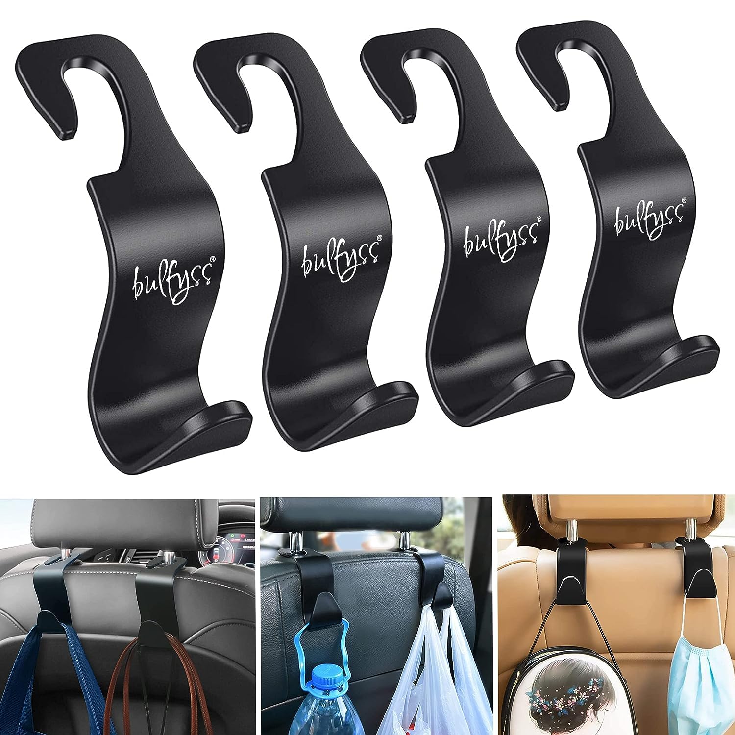 LUCKYMORDEN Car Backseat Headrest Hook/Hanger Universal Durable Organiser Space Saver for Handbag, Wallets, Grocery Bags (Black,