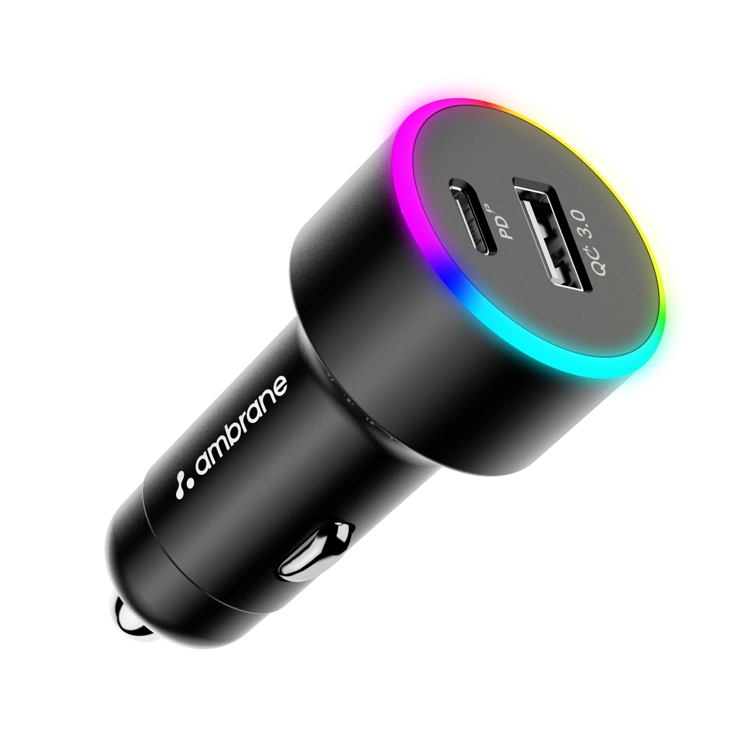 Ambrane 85W Car Charger, Mobile & Laptop Charging (Macbook & Type C Laptops), RGB Light, Dual Port Fast Charging, 65W Type C PD,