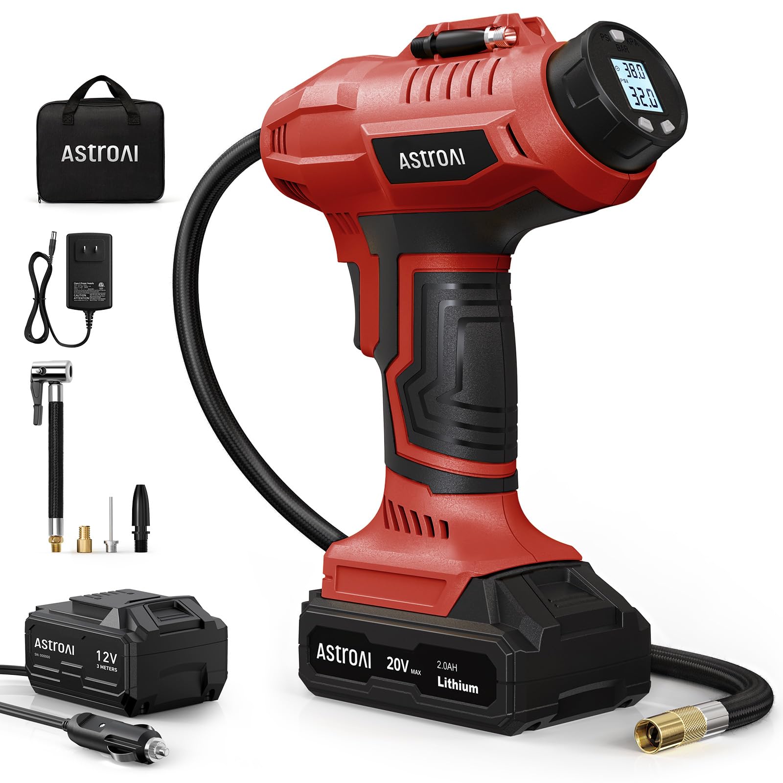 Astroai C2 Cordless Tire Inflator Air Compressor 20V Rechargeable Battery Powered 160Psi Portable Air Pump With 12V Car Power Ad