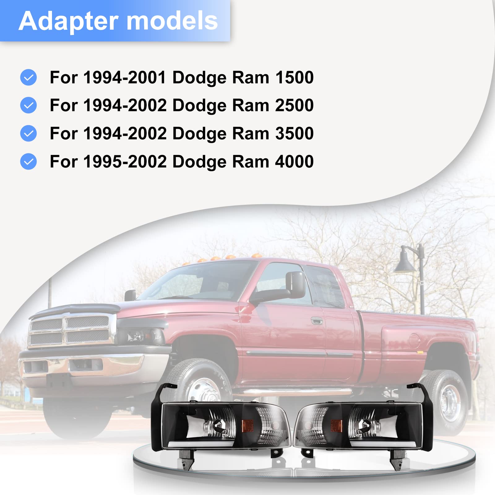 Roxx Drl Headlight Assembly Compatible With 94-01 Dodge Ram 1500/1994 1995 1996 1997 1998 1999 2000 2001 2002 Dodge Ram 2500 3500 (With Drl)