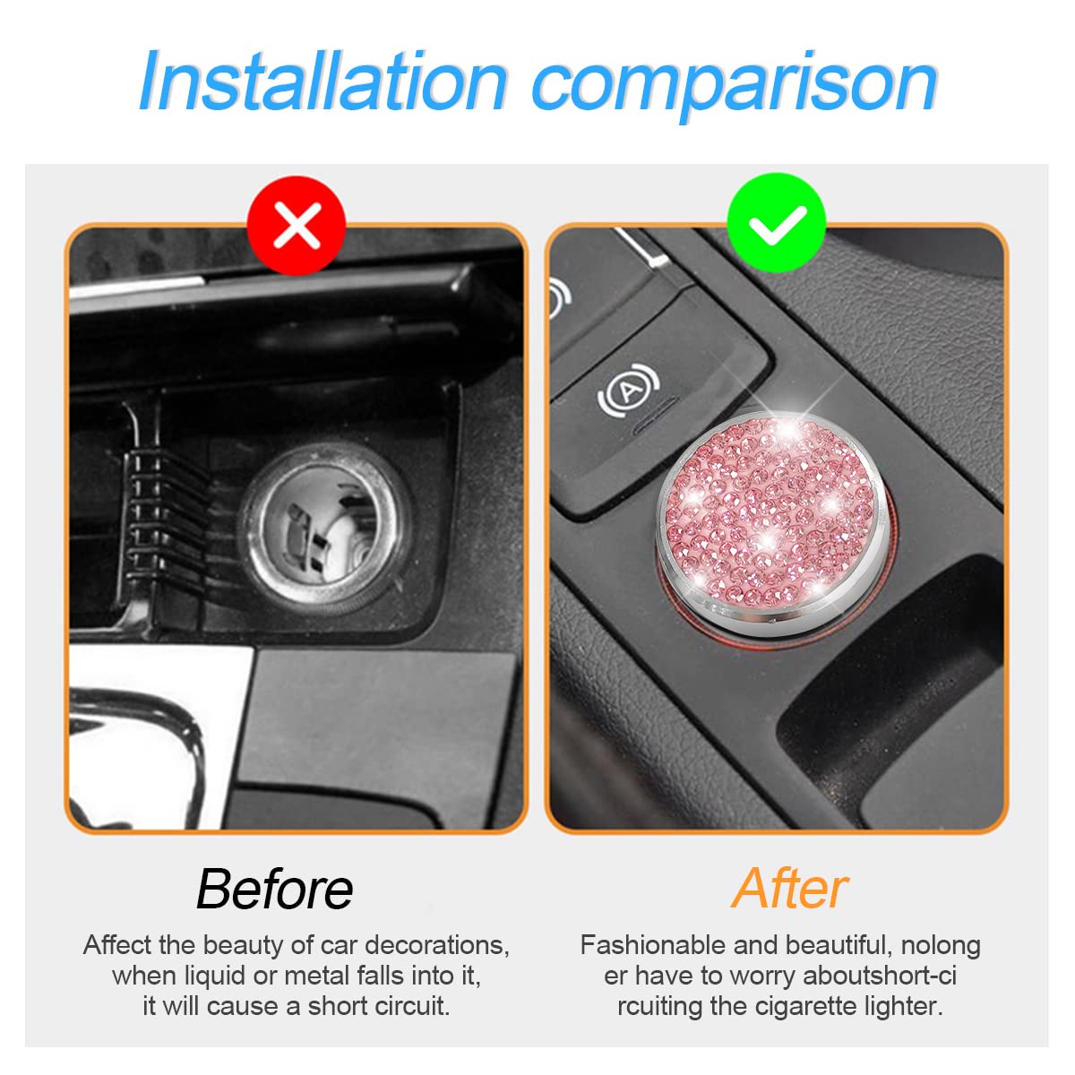 AUKEPO Bling Car Cigarette Lighter Plug Cover, Dustproof Aluminum, Universal Fit for Most Cars, Pink