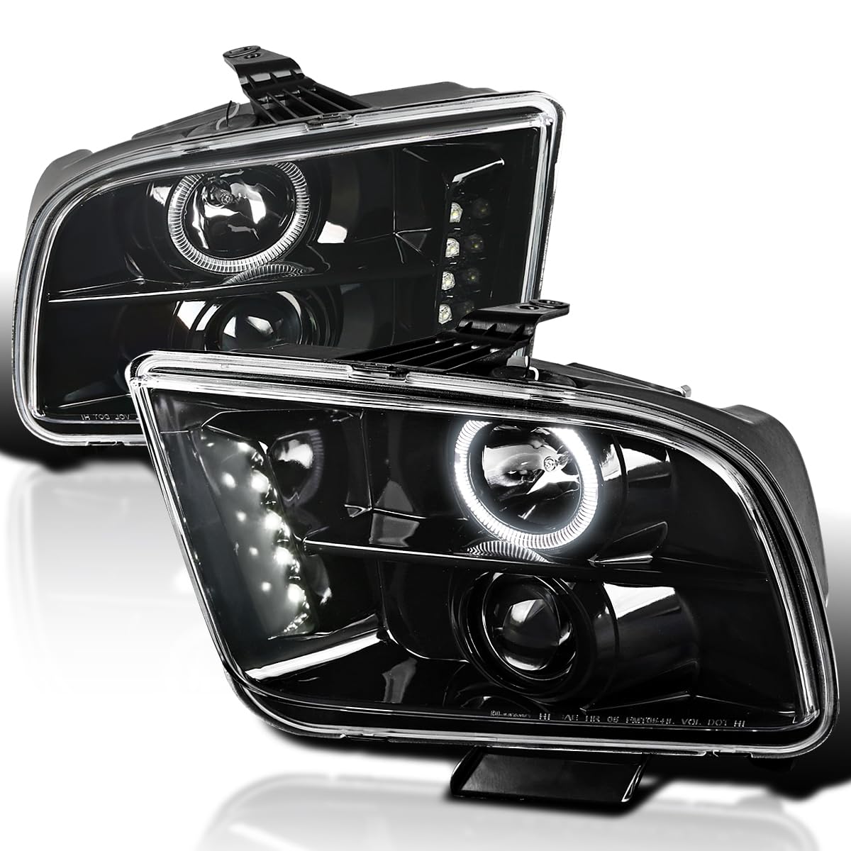 Spec-D Tuning Led Halo Jet Black Projector Headlights Compatible With 2005-2009 Ford Mustang, Left + Right Pair Headlamps Assemb