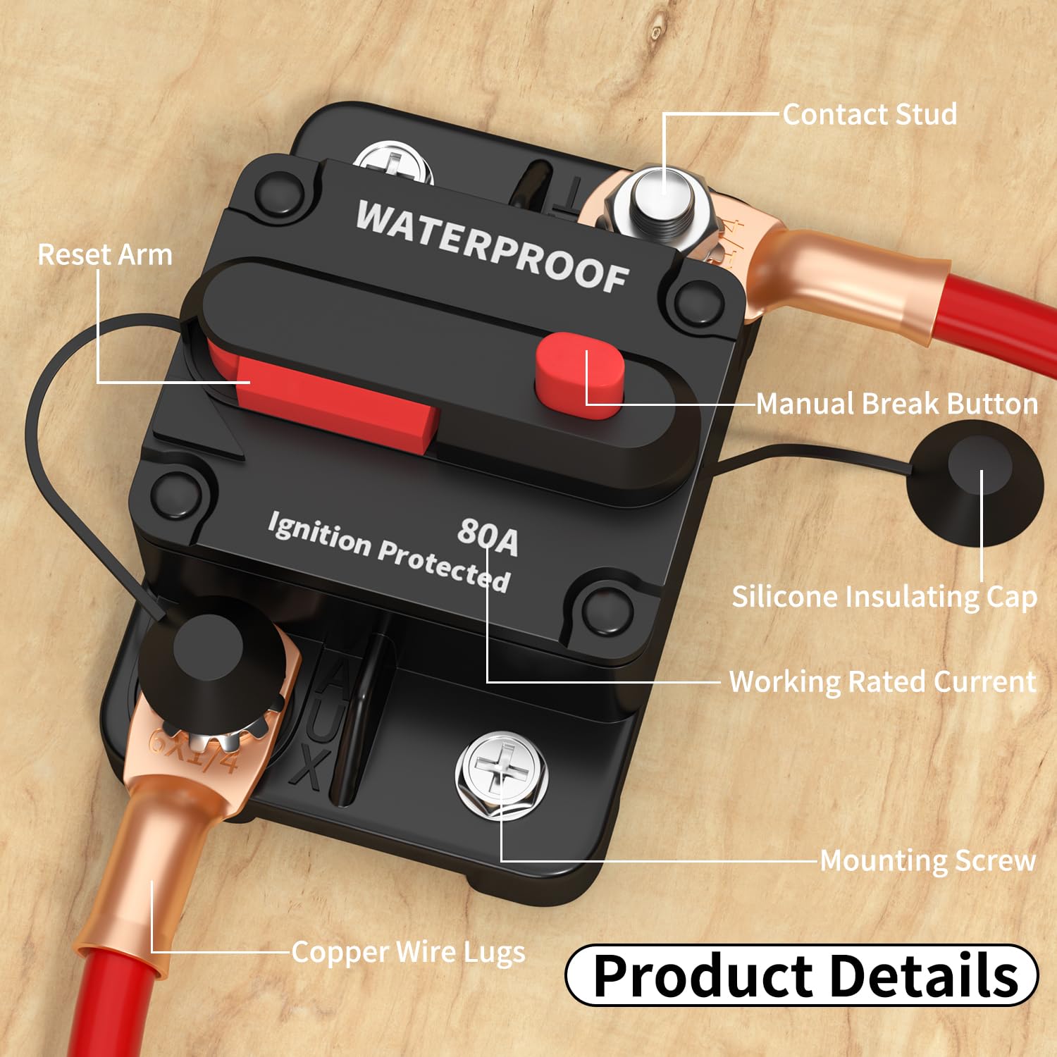 Daiertek 12V Circuit Breaker 80 Amp Marine 12 Volt Circuit Breaker 80A Waterproof For Boat Truck Rv -2Pack