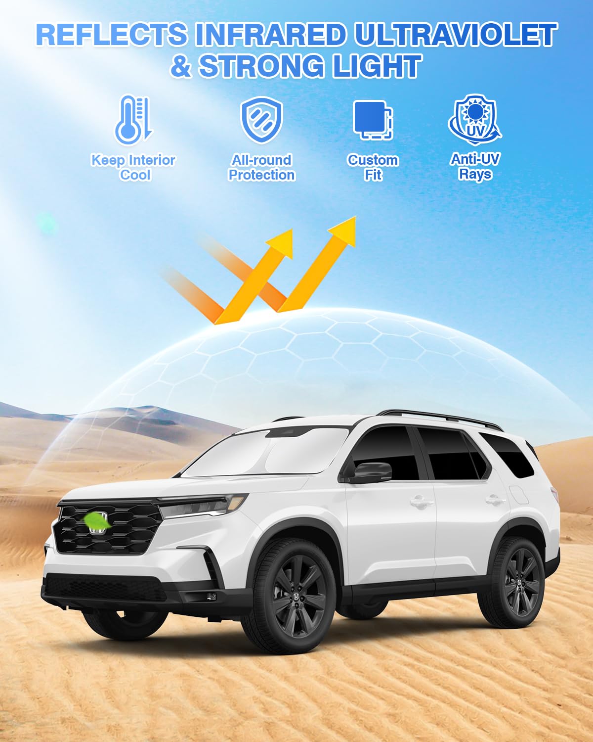 Canvcle Windshield Sun Shade & Side Window Covers for 2023-2026 Honda Pilot, Black, 8PCS, Polyester, Privacy Protection