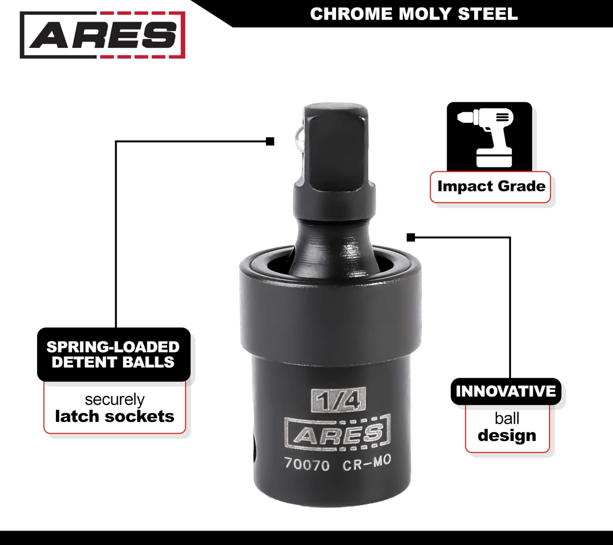 ARES 70073 3-Piece Impact Universal Joint Set - Chrome Moly U-Joint Sockets for 1/4", 3/8", and 1/2" Drive - Access