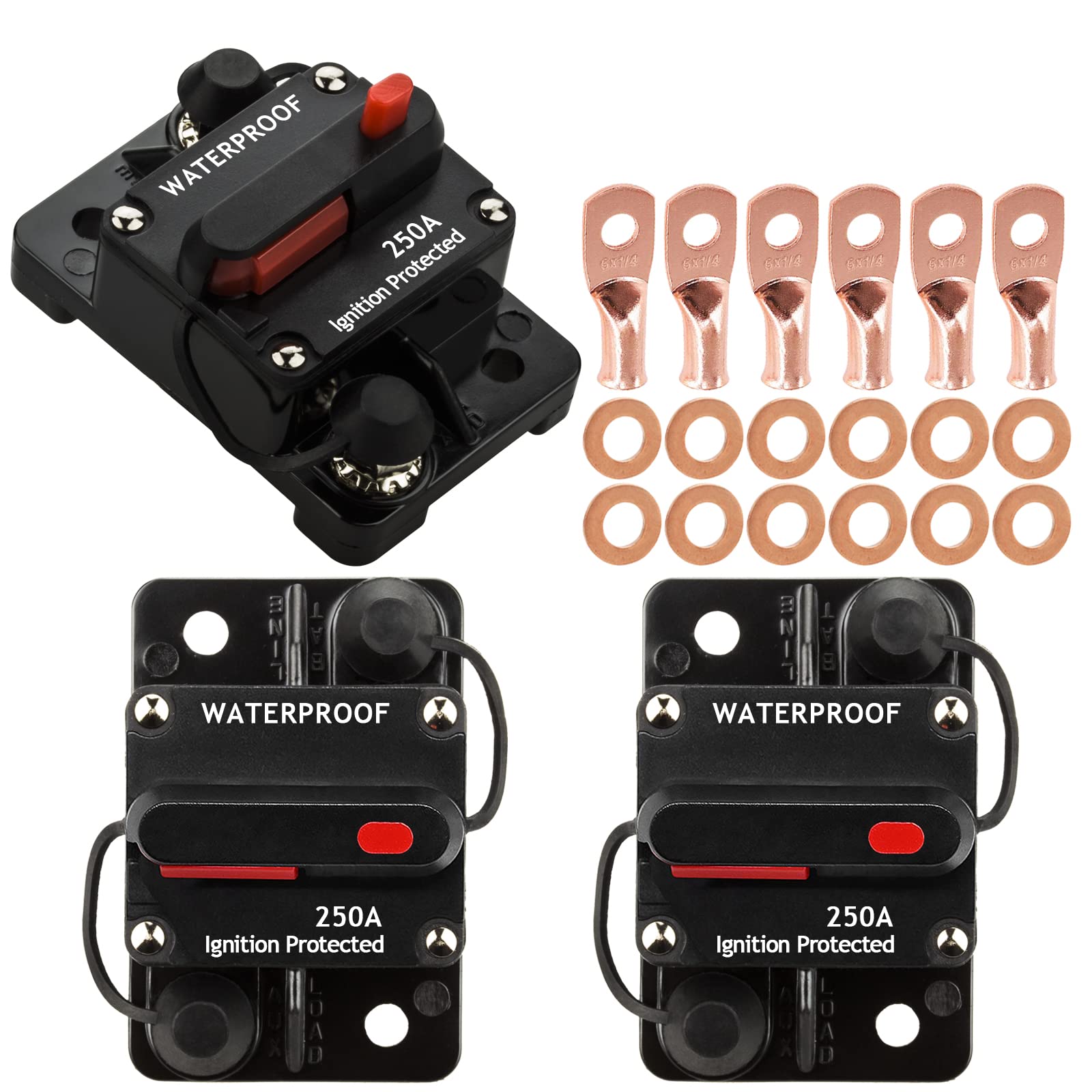 Hamolar 3 Pack 250A Circuit Breaker Manual Reset Fuse Holder For Car Audio And Amps Protection 12V-48V Dc Reset Fuse