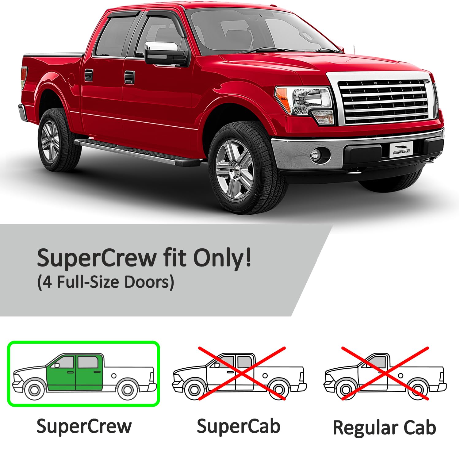 Voron Glass Tape-On Extra Durable Rain Guards For Trucks Ford F-150 2009-2014 Supercrew, Window Deflectors, Vent Window Visors,