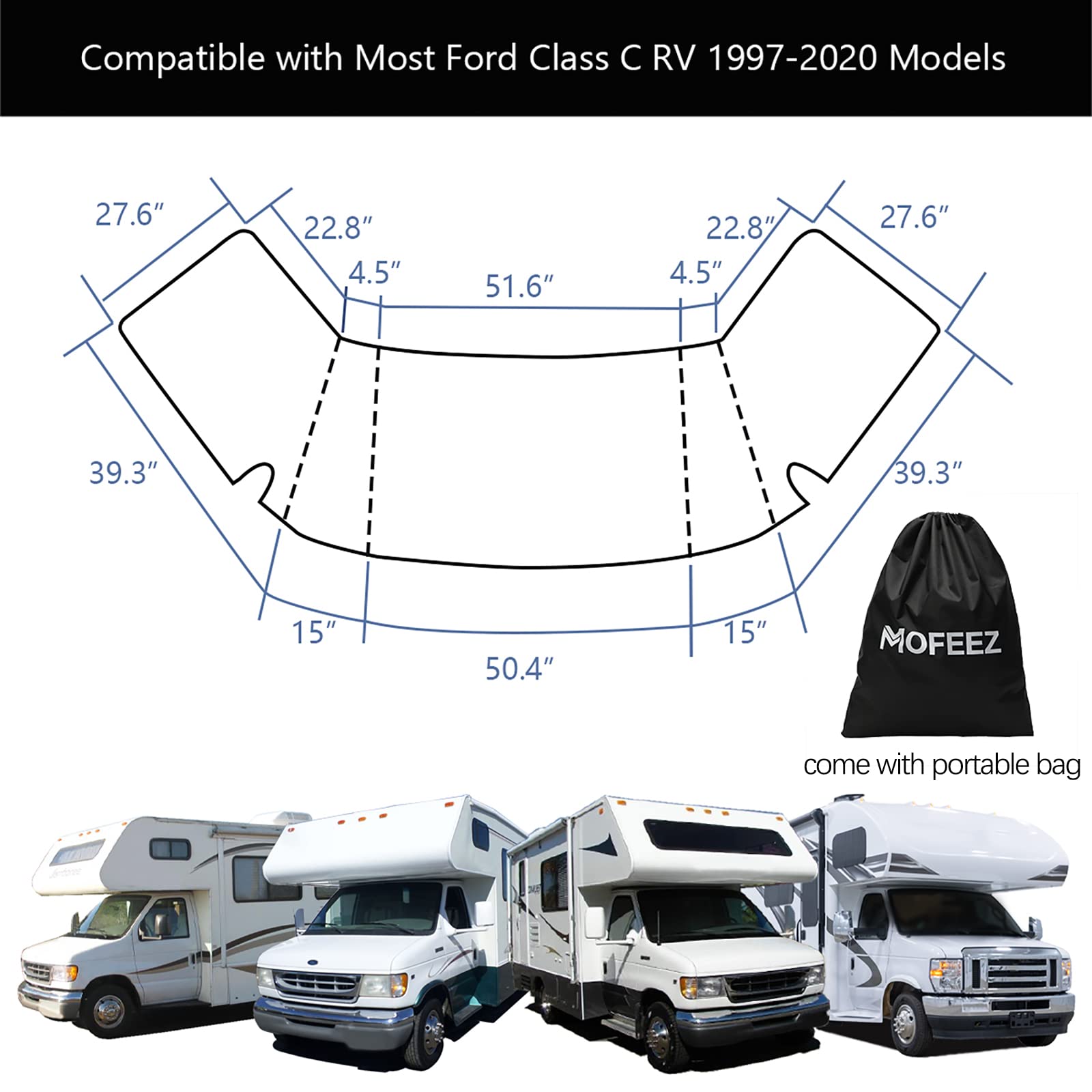 MOFEEZ RV Windshield Cover - UV Block, White, Fits Class C Ford 1997-2024, Model 98MF18019, Fish Scale Car Cloth, Universal Size