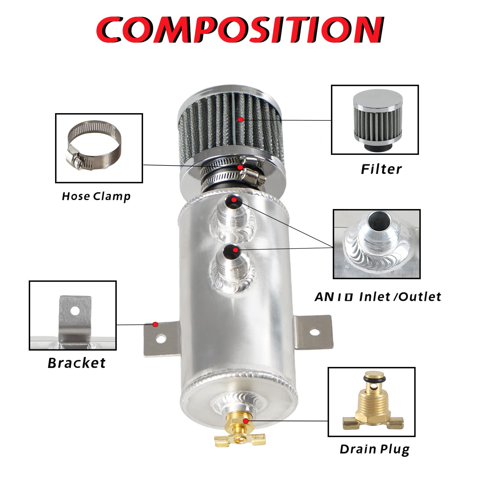 Poseng Universal 10An Oil Catch Can Tank Baffled 750Ml With Filter Aluminum Silver