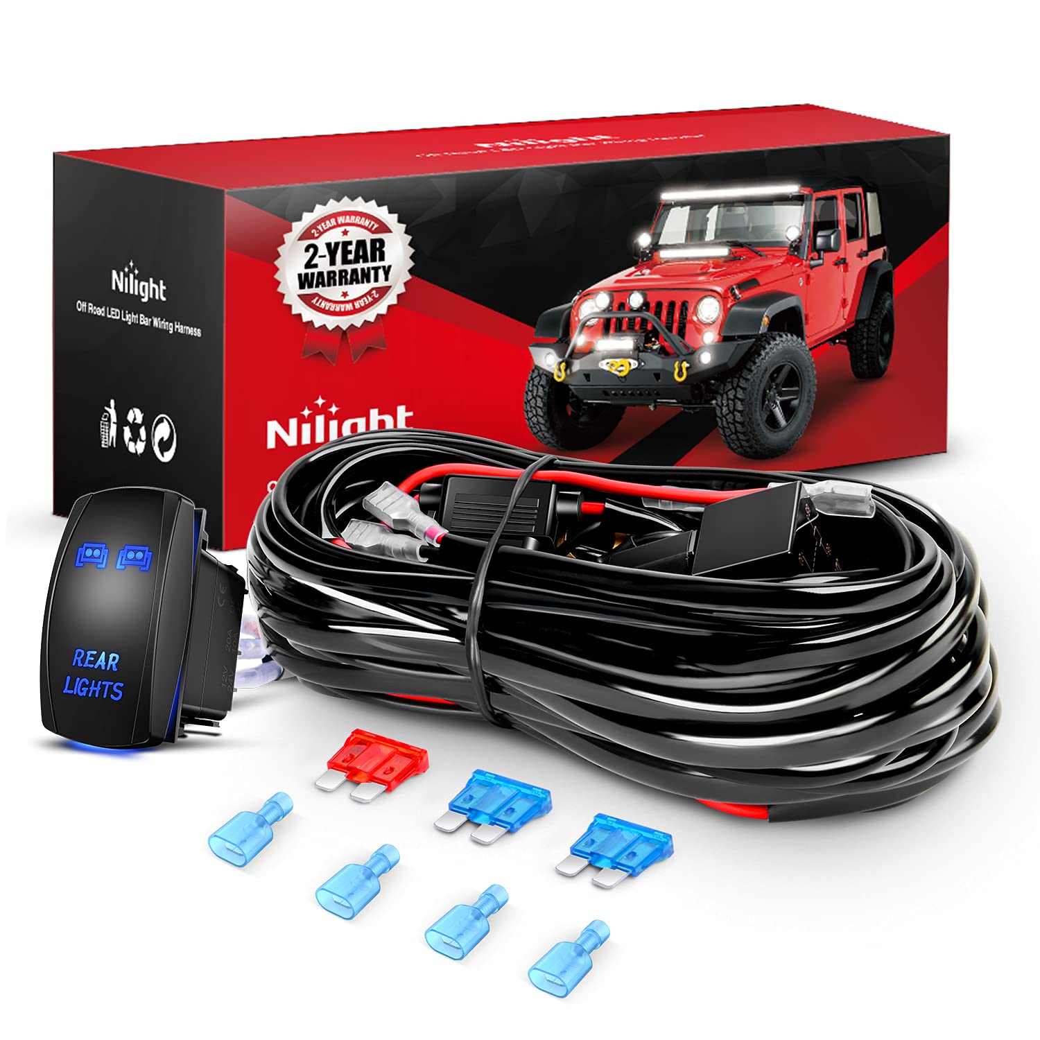 Nilight - 10012W Led Light Bar Wiring Harness Kit Rear Lights 12V 5Pin Rocker Switch Laser On Off Waterproof Switch Power Relay 