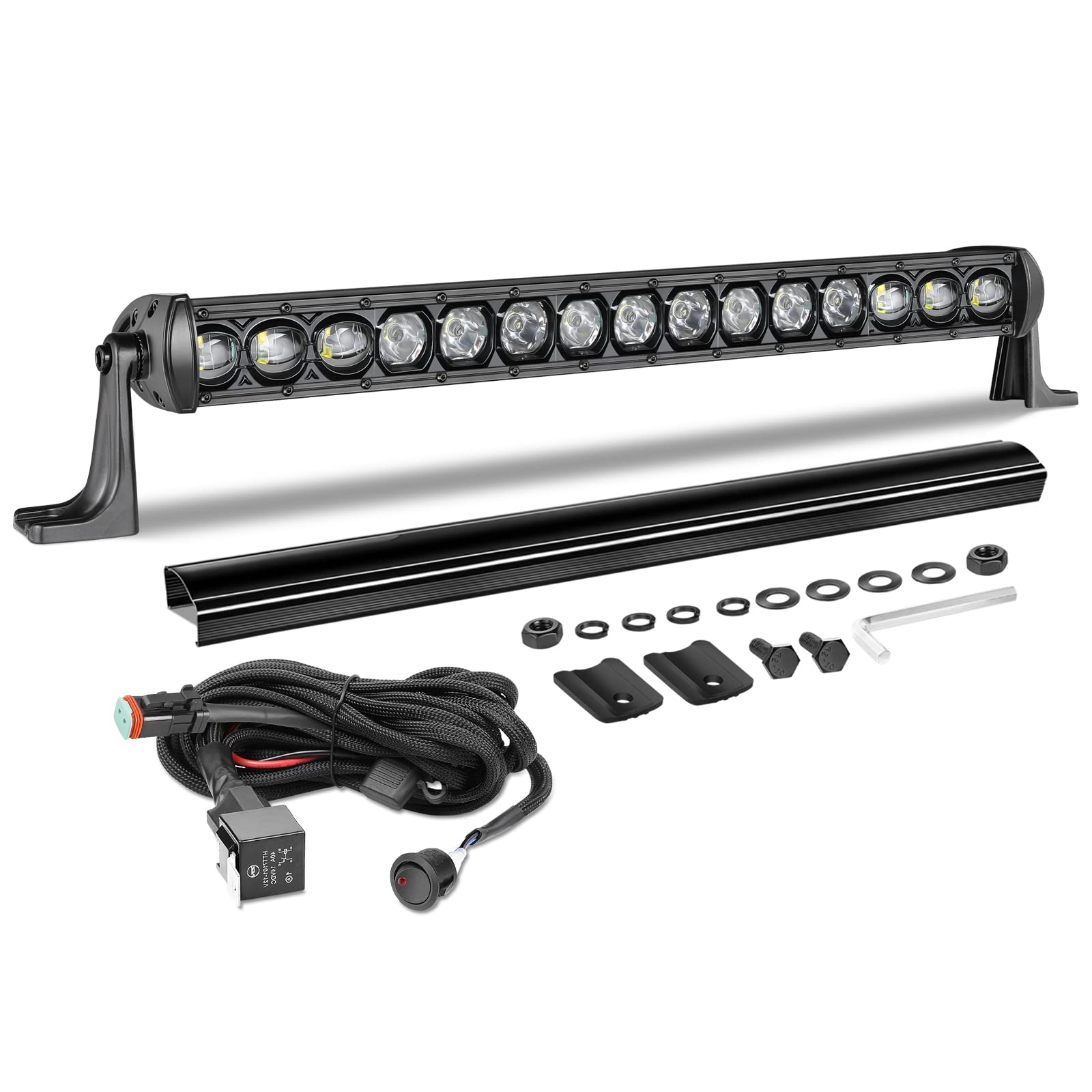 20 Inch Light Bar Kit, AKD Part 105W OSRAM LED Slim Single Row LED Light Bar w/Wiring Harness Black Cover Offroad Driving Light 