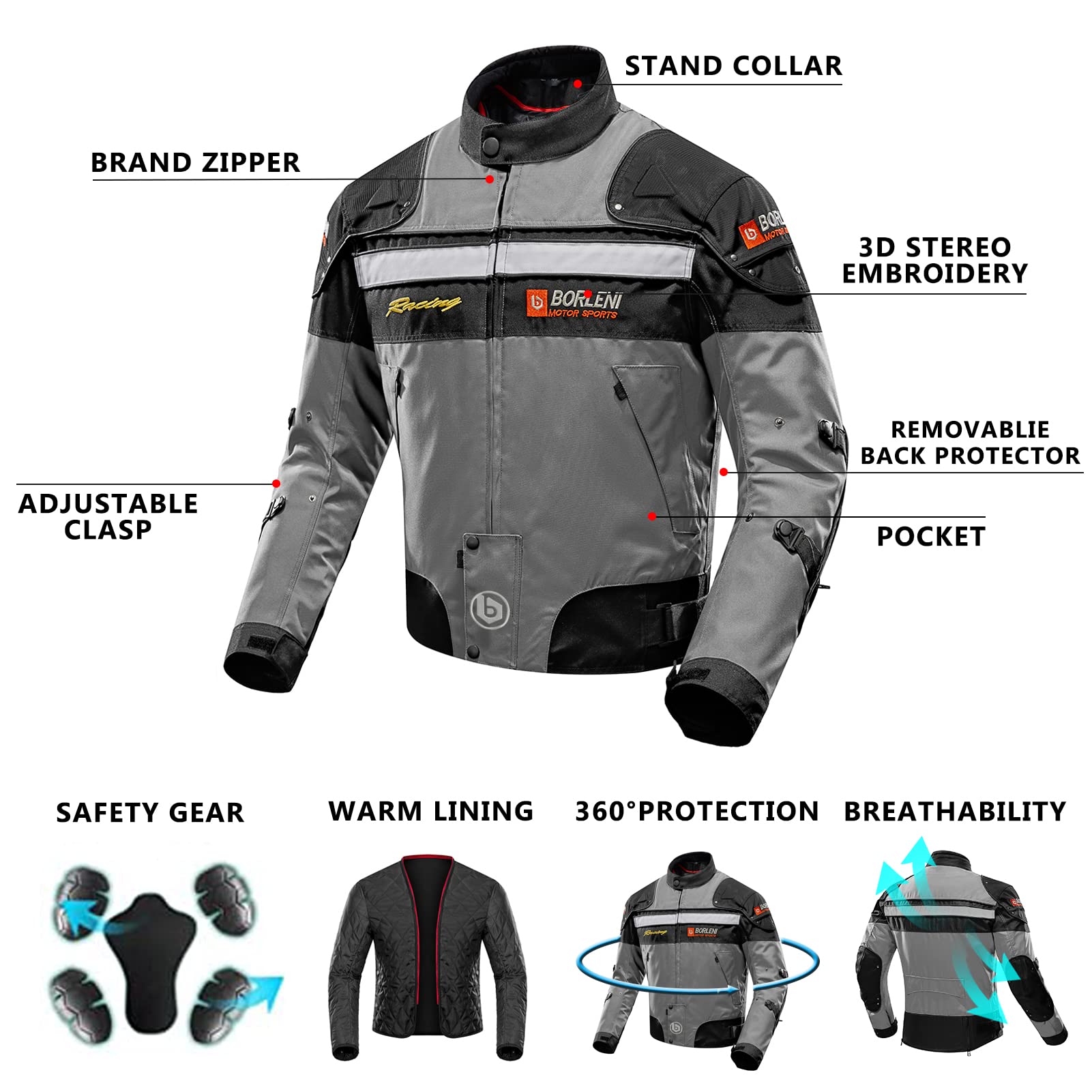 BORLENI Motorcycle Jacket Windproof Full Body Armor, XX-Large, Gray, Model D-020, Cotton/Mesh/Polyester