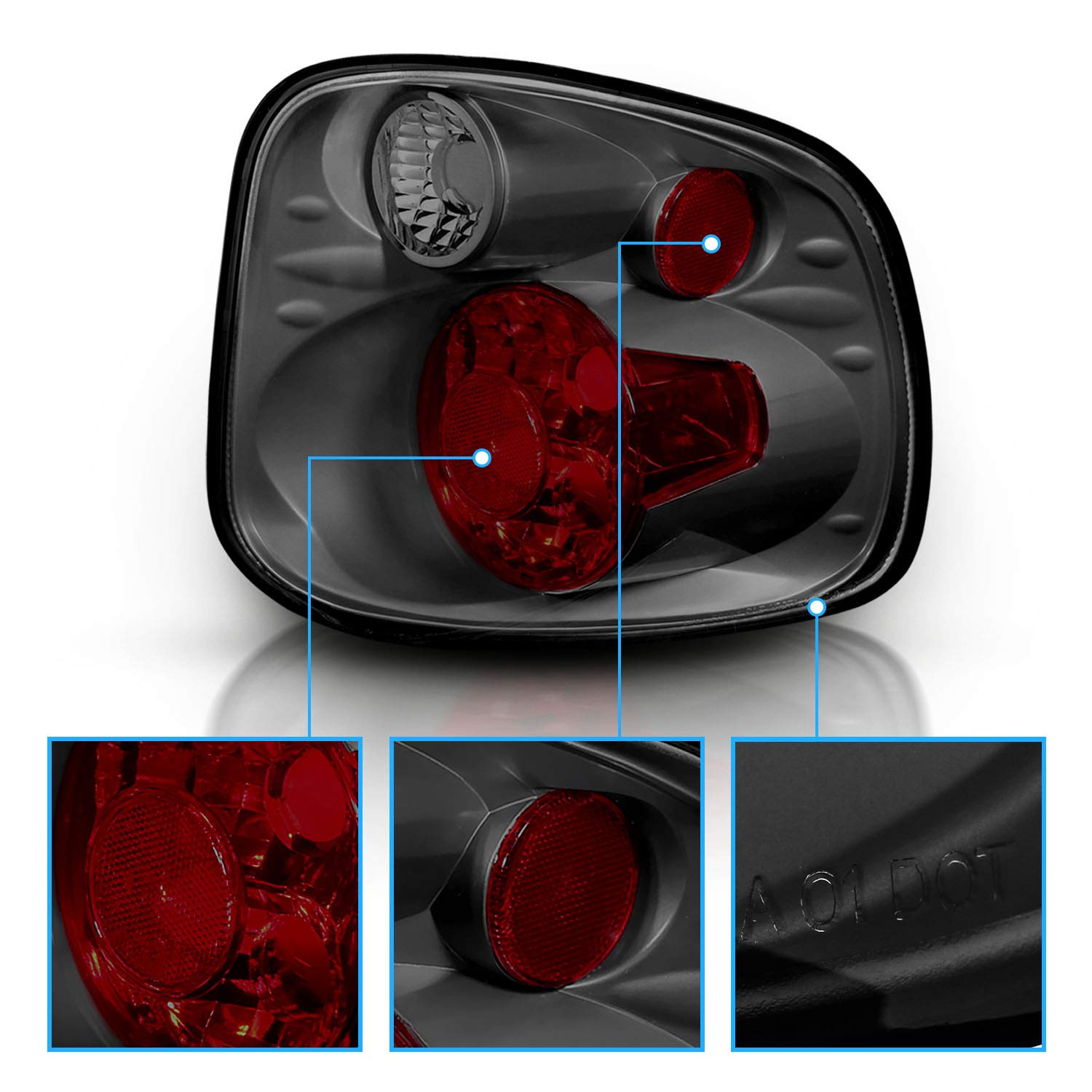 AmeriLite Euro Gun Metal Tail Lights for 2001-2003 Ford F-150 Flareside - Driver & Passenger Side, 2 Bulb Design, Silver Smoke