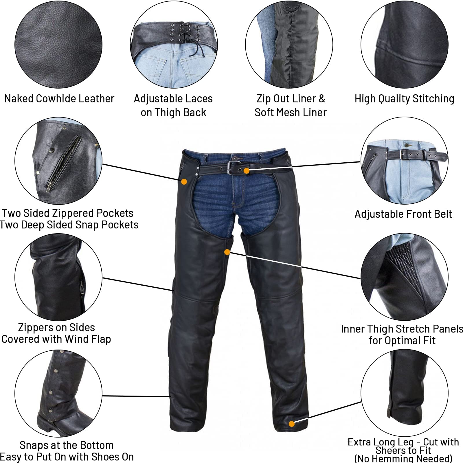 Black Motorcycle Leather Chaps For Men Women Riding With Zip Out Liner, Cowboy Biker Chap Pants With Four Deep Pockets, 10Xl