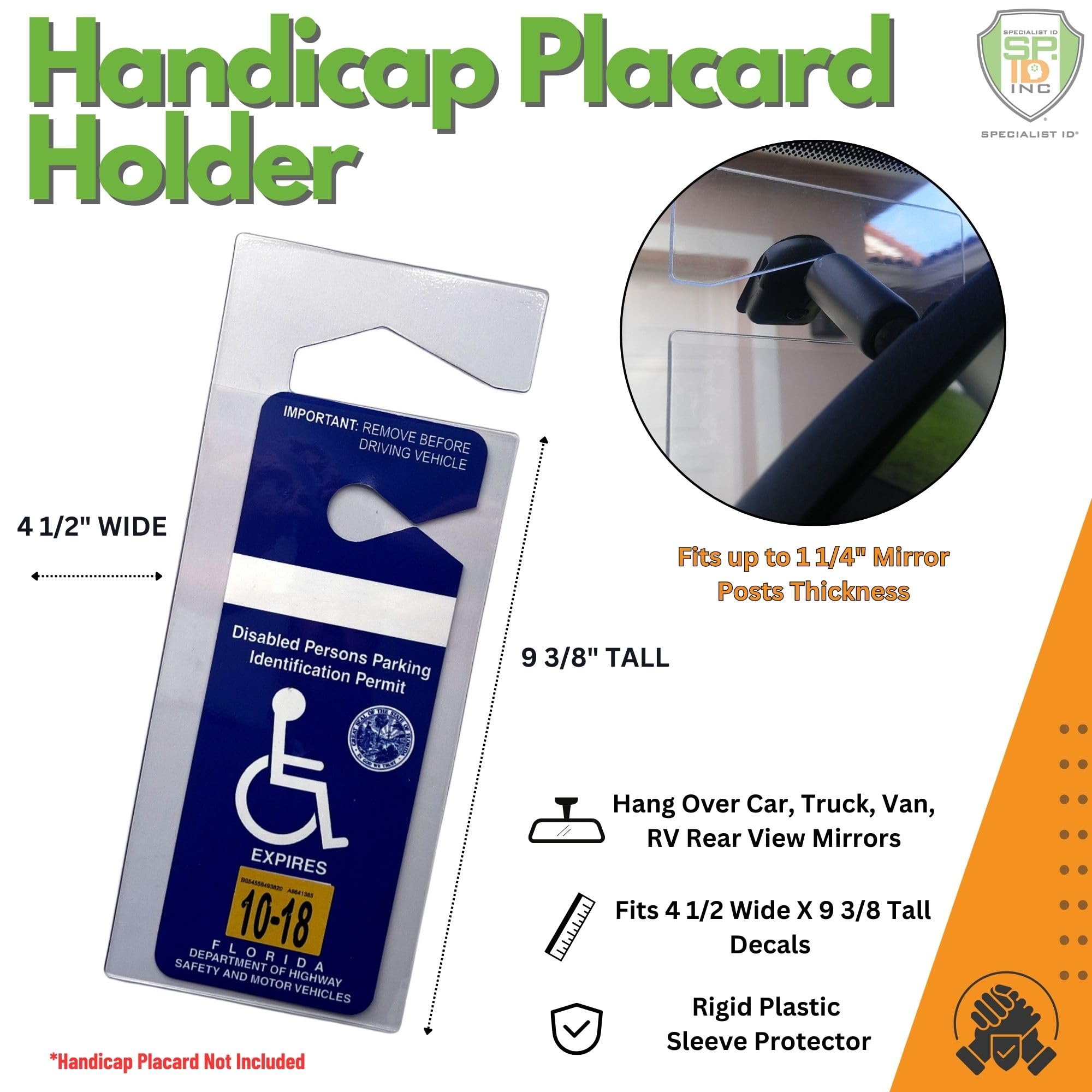Clear Handicap Parking Placard Protective Holder - Rear View Mirror Disability Permit Hanger - Hard Flexible Plastic Construction - - Handicapped Car Tag Cover Accessories By Specialist Id