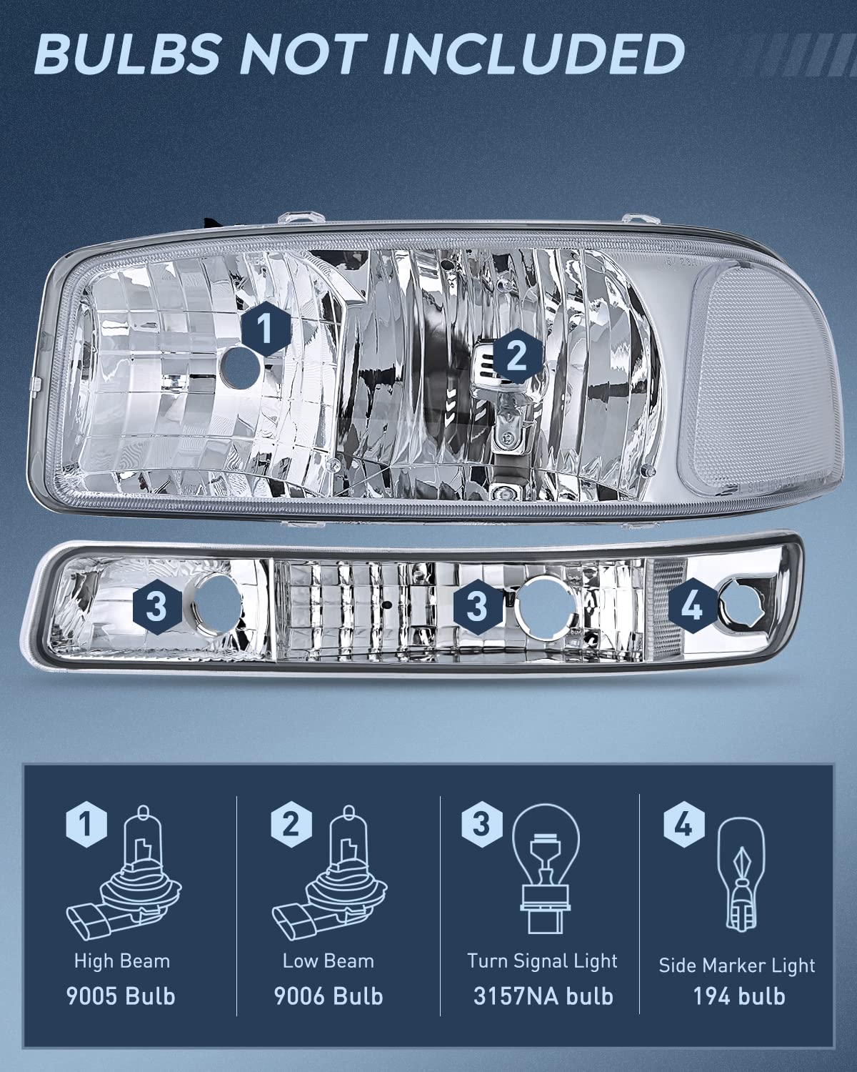 Nilight Headlight Assembly Compatible for 1999 2000 2001 2002 2003 2004 2005 2006 GMC Sierra Yukon, Chrome Housing Clear Corner