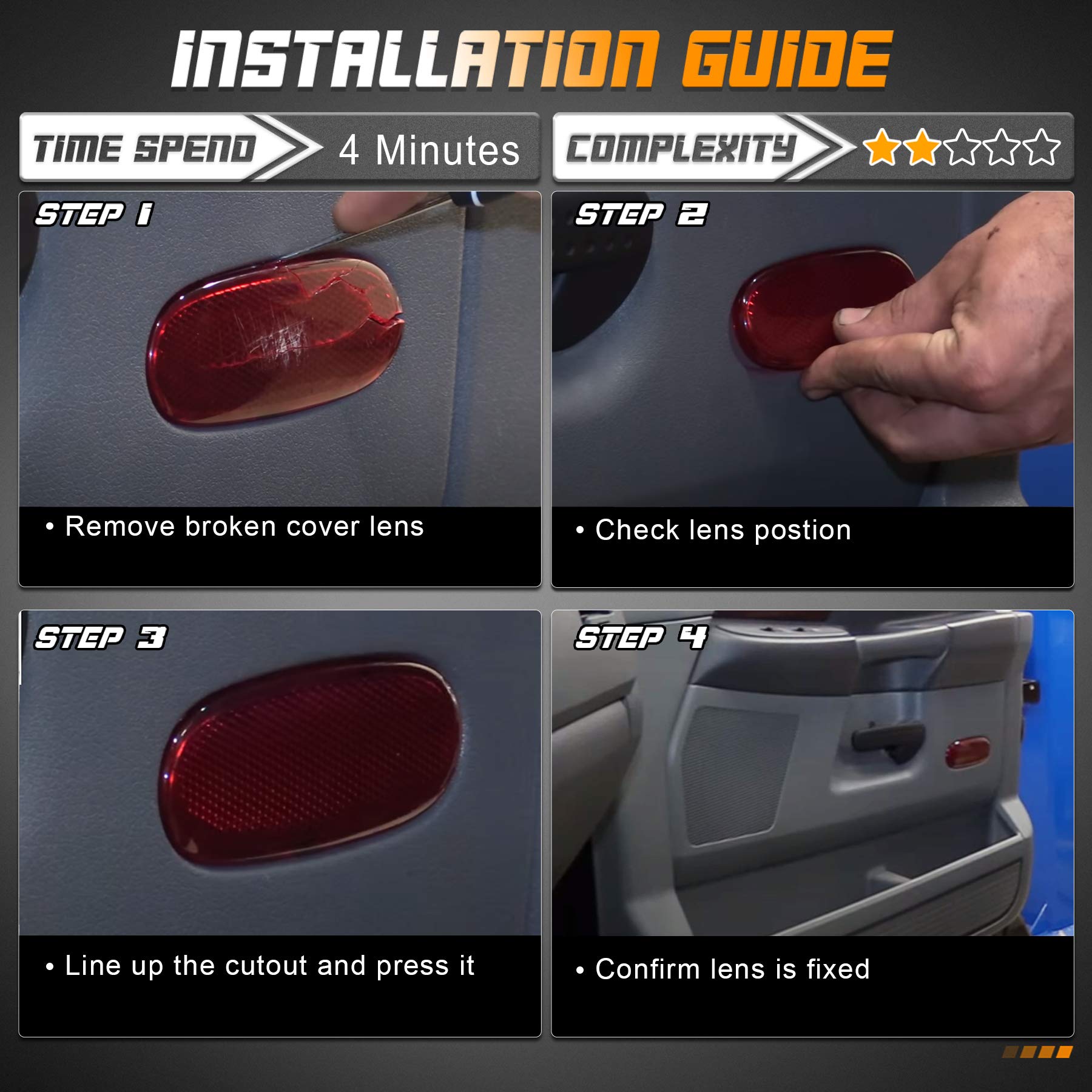 HERCOO Door Panel Reflector Interior Door Reflectors Red Front Reflector Light Cover Compatible with Dodge Ram 1500 2500 3500 Ra