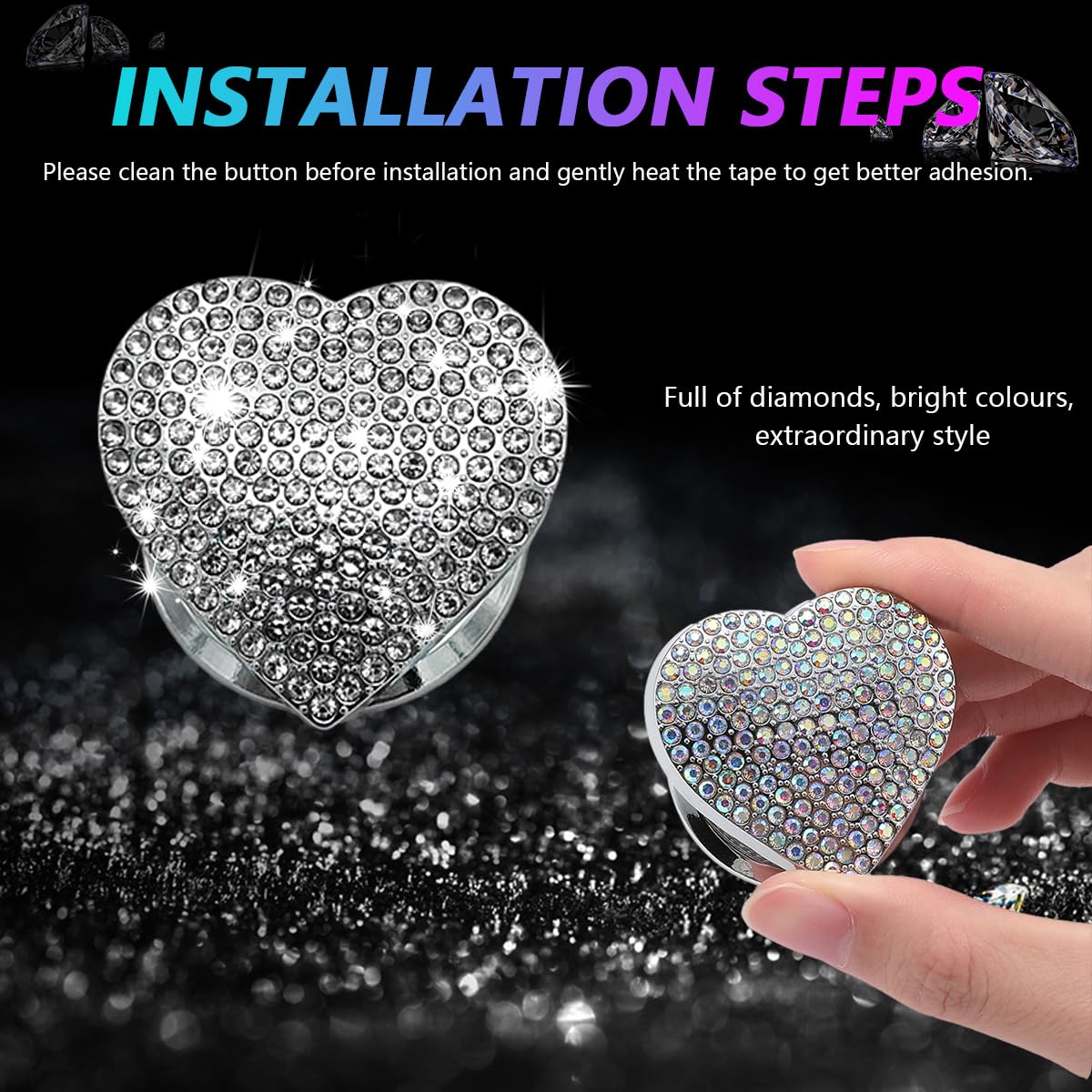 Sylvil Bling Car Engine Start Button Cover, White Rhinestone Decal for Women, Sparkly Heart Shape Ignition Accessory