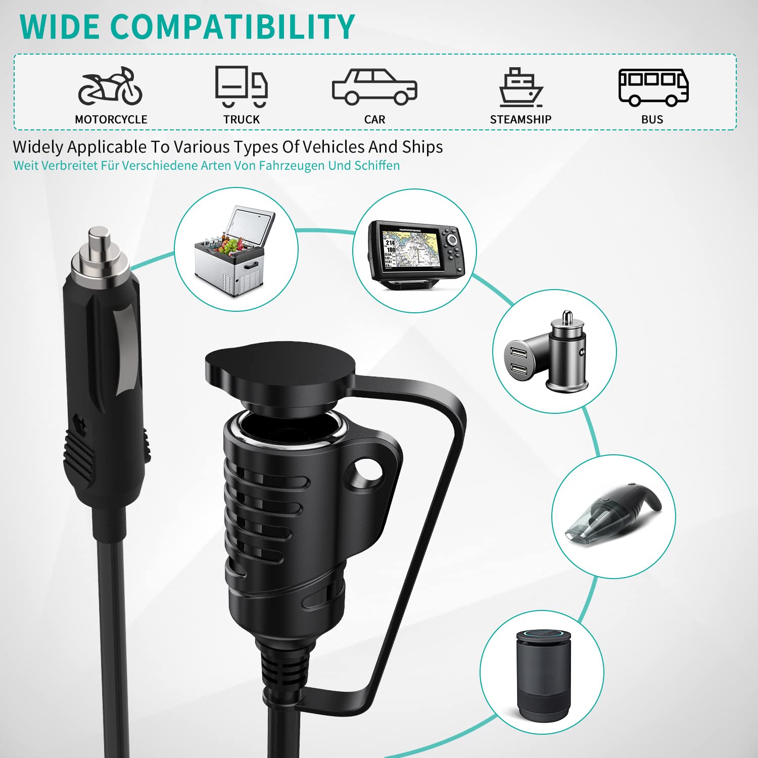 Cigarette Lighter Extension Cable 5M-16Ft 16Awg Male To Female Socket, Dc 12V/24V Cigarette Lighter Socket Power Outlet With 15A